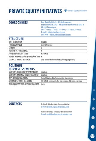 PRIVATE EQUITY INITIATIVES
Rue Bab Chellah (ex Ali Abderrazzak)
Espace Porte d’Anfa - Résidence les Champs d’Anfa D
20 050 Casablanca
Tél. : +212 522 36 37 36 - Fax : +212 522 39 39 59
E-mail : mig@africinvest.com
Site Web : www.pmecroissance.com
	 Brahim EL JAÏ - Président Directeur Général
	 E-mail : brahim.eljai@africinvest.com
	
	 Mokhlis EL IDRISSI - Directeur d’Investissement
	 E-mail : mokhlis.elidrissi@africinvest.com
MONTANT MINIMUM D’INVESTISSEMENT	 10 MMAD
MONTANT MAXIMUM D’INVESTISSEMENT	 40 MMAD
TYPE D’INVESTISSEMENTS	 Capital Création, Développement et Transmission
CHIFFRE D’AFFAIRES DES CIBLES	 100 MMAD minimum (selon moyenne des 3 derniers exercices)
ZONE GÉOGRAPHIQUE D’INVESTISSEMENT	 Maroc
DATE DE CRÉATION	 11/2008
FORME JURIDIQUE	 Société Anonyme	
EFFECTIF	 5
NOMBRE DE FONDS GÉRÉS	 1
TOTAL DES CAPITAUX GÉRÉS	 452 MMAD
NOMBRED’AFFAIRESENPORTEFEUILLEÀFIN2013	 4
EXEMPLES D’INVESTISSEMENTS	 Disty (distribution multimédia), Omteq (ingénierie)
CONTACTS
COORDONNÉES
STRUCTURE
POLITIQUE
D’INVESTISSEMENTS
53
 