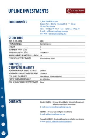 UPLINE INVESTMENTS
3, Rue Bab El Mansour
Espace Porte d’Anfa - Immeuble C - 1 étage
20 000 Casablanca
Tél. : +212 522 99 71 71 - Fax : +212 522 39 32 20
E-mail : adil.rzal@uplinegroup.ma
Site Web : www.uplinegroup.ma
	 Choukri OIMDINA - Directeur Général Upline Alternative Investments
			 Administrateur Upline Investments
	 E-mail : choukri.oimdina@uplinegroup.ma
	
	 Adil RZAL - Directeur Général Upline Investments
	 E-mail : adil.rzal@uplinegroup.ma
	 Younes ALADLOUNI - Directeur d’Investissement Upline Investments
	 E-mail : younes.aladlouni@uplinegroup.ma
DATE DE CRÉATION	 2000
FORME JURIDIQUE	 Société Anonyme	
EFFECTIF	 3
NOMBRE DE FONDS GÉRÉS	 4
TOTAL DES CAPITAUX GÉRÉS	 1 000 MMAD
NOMBRED’AFFAIRESENPORTEFEUILLEÀFIN2013	 16
EXEMPLES D’INVESTISSEMENTS	 Aixor, Imalum, Sorexi
er
CONTACTS
COORDONNÉES
STRUCTURE
POLITIQUE
D’INVESTISSEMENTS
56
MONTANT MINIMUM D’INVESTISSEMENT	 3 MMAD
MONTANT MAXIMUM D’INVESTISSEMENT	 100 MMAD
TYPE D’INVESTISSEMENTS	 Capital Risque et Développement
CHIFFRE D’AFFAIRES DES CIBLES	 0 à 800 MMAD
ZONE GÉOGRAPHIQUE D’INVESTISSEMENT	 Maroc
 