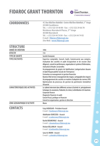 COORDONNÉES
STRUCTURE
CONTACTS
71
FIDAROC GRANT THORNTON
	 Faïçal MEKOUAR - Président Associé
	 E-mail : f.mekouar@fidarocgt.ma
	 Abdelkader OUKESSOU - Associé
	 E-mail : a.oukessou@fidarocgt.ma
	 Rachid BOUMEHRAZ - Associé
	 E-mail : r.boumehraz@fidarocgt.ma
	 Hicham BELLAMLIH - Associé
	 E-mail : h.bellamlih@fidarocgt.ma
	 Sana AL MOKRI - Associé
	 E-mail : s.almokri@fidarocgt.ma
ANNÉE DE CRÉATION	 1994
EFFECTIF	 114
TYPE DE SOCIÉTÉ	 Société Anonyme
TYPE D’ACTIVITÉS	 Expertise comptable, Conseil, Audit, Commissariat aux comptes,
	 évaluation des sociétés et audit d’acquisition et de cession (Due
	 diligence), conseil en performance, organisation et système d’information,
	 réalisation d’études sectorielles
	 Accompagnement de projets de labellisation (catégorisation douane
	 et label Responsabilité Sociale de l’Entreprise)
	 Formation en management et gestion financière
	 BusinessRiskServices(managementdesrisques,cartographiedesrisques)
	 Accompagnement des sociétés en matière d’adoption des normes IFRS
	 Optimisation du processus de gestion du patrimoine immobilisé
	Actuariat
CARACTÉRISTIQUES DES ACTIVITÉS	 Le cabinet intervient dans différents secteurs d’activité et principalement
	 labanque,lesassurances,l’industrie,lesmines,ladistributionetletourisme.
	 Corporate finance
	 Diagnostic financier et audit
	 Conseil fiscal, juridique et financier
	 Conseil en organisation, gestion et direction
ZONE GÉOGRAPHIQUE D’ACTIVITÉ	Maroc
47,RueAllalBenAbdellah-CentreAllalBenAbdellah,5 étage
20 000 Casablanca
Tél. : +212 522 54 48 00 - Fax : +212 522 29 66 70
Résidence Marrakech Plazza, 3 étage
40 000 Marrakech
Tél. : +212 524 44 74 04 - Fax : +212 524 44 74 03
E-mail : fidaroc@fidarocgt.ma
Site Web : www.fidarocgt.com
ème
ème
71
 