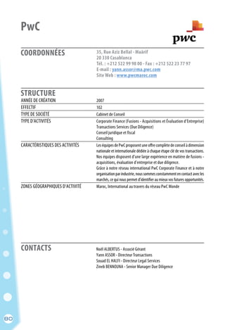 80
COORDONNÉES
STRUCTURE
35, Rue Aziz Bellal - Maârif
20 330 Casablanca
Tél. : +212 522 99 98 00 - Fax : +212 522 23 77 97
E-mail : yann.assor@ma.pwc.com
Site Web : www.pwcmaroc.com
	 Noël ALBERTUS - Associé Gérant
	 Yann ASSOR - Directeur Transactions
	 Souad EL HALFI - Directeur Legal Services
	 Zineb BENNOUNA - Senior Manager Due Diligence
ANNÉE DE CRÉATION	 2007
EFFECTIF	 102
TYPE DE SOCIÉTÉ	 Cabinet de Conseil
TYPE D’ACTIVITÉS	 Corporate Finance (Fusions - Acquisitions et Évaluation d’Entreprise)
	 Transactions Services (Due Diligence)
	 Conseil juridique et fiscal
	Consulting
CARACTÉRISTIQUES DES ACTIVITÉS	 LeséquipesdePwCproposentuneoffrecomplètedeconseilàdimension
	 nationale et internationale dédiée à chaque étape clé de vos transactions.
	 Nos équipes disposent d’une large expérience en matière de fusions -
	 acquisitions, évaluation d’entreprise et due diligence.
	 Grâce à notre réseau international PwC Corporate Finance et à notre
	 organisationparindustrie,noussommesconstammentencontactavecles
	 marchés, ce qui nous permet d’identifier au mieux vos futures opportunités.
ZONES GÉOGRAPHIQUES D’ACTIVITÉ	 Maroc, International au travers du réseau PwC Monde
PwC
CONTACTS
80
 