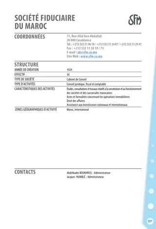 81
COORDONNÉES
STRUCTURE
71, Rue Allal ben Abdallah
20 000 Casablanca
Tél.:+212522314618/+212522312407/+212522312941
Fax : +212 522 31 50 19 / 75
E-mail : ab@sfm.co.ma
Site Web : www.sfm.co.ma
	 Abdelkader BOUKHRISS - Administrateur
	 Jacques HUMBLĒ - Administrateur
ANNÉE DE CRÉATION	 1929
EFFECTIF	 30
TYPE DE SOCIÉTÉ	 Cabinet de Conseil
TYPE D’ACTIVITÉS	 Conseil juridique, fiscal et comptable
CARACTÉRISTIQUES DES ACTIVITÉS	 Études,consultationsettravauxrelatifsàlaconstitutionetaufonctionnement
	 des sociétés et des succursales marocaines
	 Actes et formalités concernant les opérations immobilières
	 Droit des affaires
	 Assistance aux investisseurs nationaux et internationaux
ZONES GÉOGRAPHIQUES D’ACTIVITÉ	 Maroc, International
SOCIÉTÉ FIDUCIAIRE
DU MAROC
CONTACTS
81
 