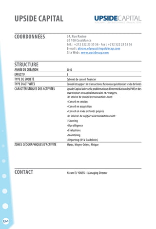 84
COORDONNÉES
STRUCTURE
24, Rue Racine
20 100 Casablanca
Tél. : +212 522 23 55 56 - Fax : +212 522 23 55 56
E-mail : akram.elyoussi@upsidecap.com
Site Web : www.upsidecap.com
	 Akram EL YOUSSI - Managing Director
ANNÉE DE CRÉATION	 2010
EFFECTIF	 5
TYPE DE SOCIÉTÉ	 Cabinet de conseil financier
TYPE D’ACTIVITÉS	 Conseiletsupportentransactions :fusionsacquisitionsetlevéedefonds
CARACTÉRISTIQUES DES ACTIVITÉS	 UpsideCapitaladresselaproblématiqued’intermédiationdesPMEetdes
	 investisseurs en capital marocains et étrangers.
	 Les service de conseil en transactions sont :
	 • Conseil en cession
	 • Conseil en acquisition
	 • Conseil en levée de fonds propres
	 Les services de support aux transactions sont :	
	 • Sourcing
	 • Due diligence
	 • Évaluations
	 • Monitoring
	 • Reporting (IPEV Guidelines)
ZONES GÉOGRAPHIQUES D’ACTIVITÉ	 Maroc, Moyen-Orient, Afrique
UPSIDE CAPITAL
CONTACT
84
 
