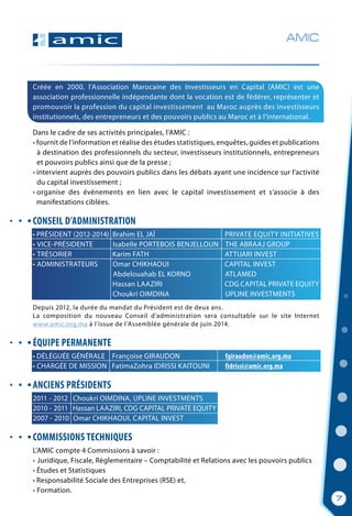 AMIC
Créée en 2000, l’Association Marocaine des Investisseurs en Capital (AMIC) est une
association professionnelle indépendante dont la vocation est de fédérer, représenter et
promouvoir la profession du capital investissement au Maroc auprès des investisseurs
institutionnels, des entrepreneurs et des pouvoirs publics au Maroc et à l’international.
Dans le cadre de ses activités principales, l’AMIC :
• fournit de l’information et réalise des études statistiques, enquêtes, guides et publications
  à destination des professionnels du secteur, investisseurs institutionnels, entrepreneurs
  et pouvoirs publics ainsi que de la presse ;
• intervient auprès des pouvoirs publics dans les débats ayant une incidence sur l’activité
  du capital investissement ;
• organise des évènements en lien avec le capital investissement et s’associe à des
  manifestations ciblées.
CONSEIL D’ADMINISTRATION
• PRÉSIDENT (2012-2014)  Brahim EL JAÏ 	 	         PRIVATE EQUITY INITIATIVES
• VICE-PRÉSIDENTE            Isabelle PORTEBOIS BENJELLOUN    THE ABRAAJ GROUP	
• TRÉSORIER                        Karim FATH	 	 	          ATTIJARI INVEST
• ADMINISTRATEURS         Omar CHIKHAOUI	 	          CAPITAL INVEST
  	 	 	 	           Abdelouahab EL KORNO	          ATLAMED
  	 	 	 	            Hassan LAAZIRI	 	           CDG CAPITAL PRIVATE EQUITY
  	 	 	 	           Choukri OIMDINA        	         UPLINE INVESTMENTS
Depuis 2012, la durée du mandat du Président est de deux ans.
La composition du nouveau Conseil d’administration sera consultable sur le site Internet
www.amic.org.ma à l’issue de l’Assemblée générale de juin 2014.
ÉQUIPE PERMANENTE
• DÉLÉGUÉE GÉNÉRALE    Françoise GIRAUDON 		         fgiraudon@amic.org.ma
• CHARGÉE DE MISSION   FatimaZohra IDRISSI KAITOUNI 	        fidrissi@amic.org.ma
ANCIENS PRÉSIDENTS
2011 - 2012   Choukri OIMDINA, UPLINE INVESTMENTS
2010 - 2011   Hassan LAAZIRI, CDG CAPITAL PRIVATE EQUITY
2007 - 2010  Omar CHIKHAOUI, CAPITAL INVEST
COMMISSIONS TECHNIQUES
L’AMIC compte 4 Commissions à savoir :
• Juridique, Fiscale, Règlementaire – Comptabilité et Relations avec les pouvoirs publics
• Études et Statistiques
• Responsabilité Sociale des Entreprises (RSE) et,
• Formation.
7
 