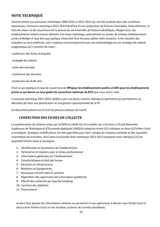 10
NOTE TECHNIQUE
Contrairement aux annuaires statistiques 2004-2010 et 2011-2012 qui ont été produits dans des conditions
laborieuses, l’annuaire statistique 2012-2013 bénéficie d’une conjonction de facteurs favorables. Naturellement, le
taux de retour ou de couverture est la preuve de cet ensemble de facteurs bénéfiques. Malgré tout, des
établissements restent encore réticents à la chose statistique, précisément au niveau de certains établissements
privés d’Abidjan.IL faut dire que quelque chose doit être fait pour pallier cette situation. Si les résultats des
enquêtes se sont améliorés, cela s’explique concomitamment par une méthodologie et une stratégie de collecte
pragmatique qu’il convient de noter :
-confection des fiches d’enquête
-stratégie de collecte
-saisie des données
-traitement des données
-production du draft zéro
C’est ce qui explique le taux de couverture de 99%pour les établissements publics et 83% pour les établissements
privés ce qui donne un taux global de couverture nationale de 87% que nous avons noté.
L’annuaire statistique 2012-2013 révélera sans nul doute certains indicateurs pertinents qui permettront au
Ministère de faire une planification et une gestion opérationnelle de la FP.
Ce document présent est le fruit de plusieurs phases de travail
CONFECTION DES FICHES DE COLLECTE
Le questionnaire de collecte conçu par la DEPS et validé lors d’un atelier qui s’est tenu à l’Ecole Nationale
Supérieure de Statistique et d’Economie Appliquée (ENSEA) comporte treize (13) rubriques et deux (2) fichiers Excel
à renseigner. Quelques modifications ont été apportées pour tenir compte du nouveau contexte et des nouvelles
orientations du ministère. Ainsi donc la nouvelle fiche statistique 2012-2013 comporte onze rubriques (11) et
quatre(4) fichiers Excel à renseigner.
1- Identification et localisation de l’établissement
2- Partenariat et relations avec le milieu professionnel
3- Informations générales sur l’établissement
4- Caractéristiques et état des locaux
5- Situation en infrastructure
6- Mobiliers et équipements
7- Nouveaux entrants dans le système
8- Répartition des apprenants de la formation qualifiante
9- Effectif des scolarisés par type de handicap
10- Insertion des diplômés
11- Financement
A cela il faut ajouter les informations relatives au personnel et aux apprenants à donner sous fichier Excel et
deux autres fichiers Excel sur les résultats scolaires de l’année précédente.
 
