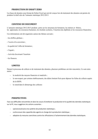 12
PRODUCTION DU DRAFT ZERO
Les bases de données sous format de fichier Excel qui ont été conçus lors du traitement des données ont permis de
produire le draft zéro de l’annuaire statistique 2012-2013.
CONTENU DU DOCUMENT
L’annuaire statistique 2012-2013 produits porte sur les structures de formation, les métiers et filières,
les apprenants, les ressources humaines, les résultats scolaires, l’insertion des diplômés et les ressources financières.
Ces informations ont été organisées autour des thèmes suivants :
- les chiffres globaux ;
- l’accès et la couverture ;
- la qualité de l’offre de formation ;
- l’équité ;
- Activités favorisant l’insertion
- les finances.
LIMITES
Durant le processus de collecte et de traitement des données, plusieurs problèmes ont étés rencontrés. Ce sont entre
autres :
- la modicité des moyens financiers et matériels ;
- le non-respect, par certains établissements, des délais limitent fixés pour déposer les fiches de collecte auprès
de la DEPS.
- le retard dans le démarrage des collectes
PERSPECTIVES
Face aux difficultés rencontrées et dans les soucis d’améliorer la production et la qualité des données statistiques
sur la FP, nous suggérons les actions suivantes :
- opérationnalisation du système de production statistique ;
- renforcement des capacités des agents en charge de la production statistique ;
- adoption de mesures coercitives contre les réfractaires à l’acheminement des données statistiques.
 