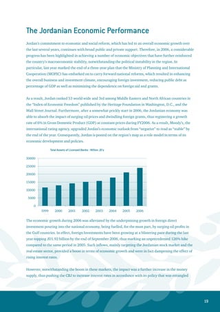 20
to match the US monetary policy. Therefore, domestic liquidity as measured by the broad money supply
(M2) increased by 14% during FY2006, while interest rate hikes as carried out by the CBJ entailed an
increase of 100 basis points to reach 7.5% by the end of FY2006 compared with 6.5% in 2005. However,
the successive interest rate hikes failed to curb the excessive growth in the money supply, and as a result,
higher inflation, as measured by the Consumer Price Index (CPI) has worked itself into the economy
registering a worrying 6.25% by end of FY2006. Moreover, foreign currency reserves held at the Central
Bank of Jordan have reached a record high in 2006 standing at US$6.1 billion compared with US$4.8
billon in 2005.
Jordan has been running a current account deficit for the last three years topping JD1.15 billion by the
end of September 2006, which is 14.8% of estimated GDP for FY2006. The current account deficit has
been fueled by the huge deficit in the trade balance that has reached JD4.45 billion by the end of FY2006,
on the back of a significant oil bill that has jumped over 18% during 2006. However, the growth of trading
activity in terms of imports and exports that expanded by 12.3% in 2006, signals healthy performance of
the Jordanian economy in terms of trade liberalization strategies and global economic integration.
On the other hand, foreign aid and grants have also dropped drastically during the last two years, thus
adding to the burden of the current account deficit. Foreign aid and grants registered JD322.1 million by
the end of FY2006, marking a drop of 39.5% compared to JD533.1 million reported in FY2005.
Nevertheless, the current account deficit is being financed by a huge surplus in the capital account mainly
driven by inward investment flows, especially in the real estate sector. Such inflows, however, may not be
sustainable as they may drop or even be withdrawn under certain political circumstances, and therefore,
underlie the vulnerability and rather structural weakness that is embedded in the balance of payments
account.
 