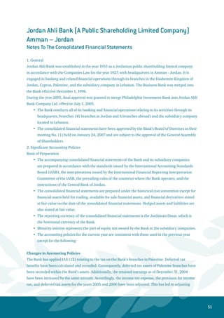 52
the comparative financial statements for the year 2005 in compliance with the requirements of IAS (8)
relating to the changes in accounting policies. The following is the financial impact of those adjustments
on the financial statements for the year 2005:
For the Year Ended December 31, 2005
Item Before Adjustment After Adjustment Difference
JD JD JD
Assets
Tax assets 3,523,011 5,907,896 2,384,885
Shareholders' Equity:
Retained earnings 19,710,951 22,095,836 2,384,885
Income
Income for the year 25,890,327 25,400,499 ( 489,828)
Income tax
Income tax expense 8,381,696 8,871,524 489,828
Provision for income tax 6,302,182 6,302,182 -
Basis of Consolidation and Presentation
The accompanying consolidated financial statements include the financial statements of the Bank’s
local branches in Jordan and abroad and the following subsidiary companies after eliminating
inter-branch and inter-company transactions and balances:
Al-Ahli International Bank
Lebanon.
Al- Ahli Financial Brokerage Company.
Zarqa National College. -Ahli Micro Finance Company.
Transactions in transit are shown under “other assets” or “other liabilities” in the consolidated balance
sheet.
b.	Al- Ahli International Bank - Lebanon is 97.921% owned by Jordan Ahli Bank. The capital of
Al-Ahli International Bank - Lebanon is equivalent to JD 3,386,268. Its total assets amounted to
JD 247,335,835 and total liabilities to JD 231,636,456 as of December 31, 2006, while its total
revenues amounted to JD 19,387,242, and total expenses to JD 18,582,576 for the year ended
December 31, 2006. During the year 2003, an amount equivalent to JD 4,812,184 representing a
deposit transferred by the Bank was used to re-make up the capital of the Bank in Lebanon and
offset accumulated losses as of the end of the year 2002. Moreover, during the first half of the
year 2004, an additional amount of JD 3,170,894 was transferred to cover part of the losses and
re-make up capital by the remaining amount. This increased the Bank’s equity in the subsidiary
company to 97.92% while maintaining a percentage of 88.49% from the additional paid-up capital.
Al- Ahli International Bank - Lebanon is subject to the prevailing laws in Lebanon including the Banking
Confidentiality Law.
c.	 Zarqa National College is a wholly owned subsidiary by Jordan Ahli Bank. Its activities include
establishing colleges for higher academic education as well as schools and Kindergartens in
Jordan. Its capital amounted to JD 800,000, total assets to JD 907,875, and total liabilities to JD
a.
•
•
•
•
 