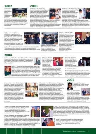 Asian Institute of Technology 11
21 February - His Majesty King
Bhumibol Adulyadej of Thailand granted
a Royal Audience at Klaikangwol Palace
in Hua Hin to officials from the Royal
Project Foundation,led by M.R.Sam
Jamjaras Rajani and Dr.Pichai Nimityong-
skul,with Dr.Pichai´s research team from
the School of Civil Engineering,to
present nine patent certificates on
26 February - His Majesty King Carl
XVI Gustaf visited the School of Civil
Engineering for the opening
ceremony of the Thailand Accident
Research Center,a collaboration
between the Department of
Highways,Thailand Global Road
Safety Partnership and Volvo Car
Corporation of Sweden.The center is
4-7 May - The United Nations
Environment Programme and AIT
co-hosted His Royal Highness Paras Bir
Bikram Shah Dev,the Crown Prince of
Nepal.The main objective of the study
visit was to provide His Royal Highness
the knowledge on the basics of
environment,topics related to Nepal´s
priority issues and topics on Nepal´s role
in regional cooperation for environment.
6 August - Her Royal Highness
Princess Maha Chakri Sirindhorn led
cadets and faculty of the
Chulachomklao Royal Military
Academy for a study visit to AIT
7 August - at the AIT´s 98th
Graduation Ceremony AIT
conferred the Honorary Degree
of Doctor of Technology to Dr.
Shoichiro Toyoda,Honorary
Chairman of Toyota Motor
Corporation,in recognition of his
outstanding regional and
international contributions in the
development of the manufactur-
ing sector and automobile
industry,and of his devotion and
commitment to higher
education.He also was the
Graduation speaker.
16 December -
Prof.Dr.Her
Royal Highness
Princess
Chulabhorn,
President of the
Chulabhorn
Research
vetiver grass development technology.Dr.Pichai also presented a
progress report on the latest development in vetiver grass
technology,which included three research projects on the
construction of low-cost grain storage silos using vetiver grass and
clay,the use of vetiver ash as a replacement material for cement
and the use of vetiver pulps as fiber reinforcement.
based at AIT and acts as a focal point of research on road
safety.The King then visited the Asian Center for Research on
Remote Sensing Laboratory.Before his departure,he met
faculty,staff and students involved in Swedish International
Development Cooperation Agency sponsored projects and
scholarship recipients.
3 July - The new Agricultural Systems and Engineering Laboratory at the
School of Environment,Resources and Development opened with a
handover ceremony of equipment donated by Siam Kubota Industry Co.,Ltd.
Institute,AIT President Jean-Louis Armand and
Prof.Dr.Pornchai Matangkasombut,President of
Mahidol University signed an agreement for the
Inter-University Post-Graduate Education Program
in Environmental Toxicology,Technology and
Management.
6 August - To mark
the 101st Graduation
Day,Prof.Muhammad
Yunus,founder of
Grameen Bank and
originator of the
concept of micro-
credit in Bangladesh,
The recognition acknowledges his significant contribu-
tions in the fields of hydrology and water resources and
his valuable participation in the exchange of information
at the international level within the society.The award
ceremony took place in Sapporo,Hokkaido,Japan.
18 December - The ASEAN Federation of Engineering
Organizations (AFEO) by its Chairman,Prof.Dr.Sein Myint,
conferred AFEO Honorary Fellowship Awards to two
School of Civil Engineering faculty members Prof.
Tawatchai Tingsanchali and Dr.Pichai Nimityongskul.The
awarding ceremony took place during the 22nd
Conference of the ASEAN Federation of Engineering
Organizations held in Yangon,Myanmar from 18 to 19
December 2004.The conferment of the honorary
fellowship awards is based on the achievement of each
individual in promoting the formation and implementation
of policies,plan and projects,for the development of their
countries or the entire ASEAN Region,that are relevant to
the needs and economic capabilities of the countries.
21 February - H.E.Mr.Pierre-Andre Wiltzer,the French Minister
delegate for Cooperation and Francophony,accompanied by
H.E.Mr.Laurent Aublin,French Ambassador to Thailand and a
high-ranking delegation from the French Ministry of Foreign
Affairs visited AIT.
April 23 - To mark the 100th Graduation Day,Mr.Ratan N.Tata,
Chairman of Tata Group and a noted industrialist and philanthro-
pist from India was conferred the Doctor of Technology (Honoris
Causa),the Institute´s highest recognition for his contributions to
Indian society,through the Tata Group´s philanthrophic trusts,in
the fields of science,medicine,social services,rural welfare and the
performing arts,and to building better relations and understand-
ing between India and the countries in the Asia-Pacific region.
20 August - The Japan
Society of Hydrology and
Water Resources (JSHWR)
recognized Prof.Ashim Das
Gupta,a senior faculty
member in Water
Engineering and Manage-
was conferred the Doctor of Technology
(Honoris Causa),the Institute´s highest
recognition for his outstanding contribu-
tions to economic and social development
of rural areas in the region,through
innovative concepts that couple capitalism
with social responsibility.
ment at the School of Civil Engineering,with
an `International Award.´
24 September - At the 18th Meeting of
AIT Center in Vietnam (AITCV) Council of
Advisors,the Ministry of Education and
Training of Vietnam and AITCV organized a
special ceremony marking two memorable
events:Conferment of the honorary
doctorate of the Asian Institute of
Technology upon His Excellency Professor
Nguyen Minh Hien,Minister of Education
and Training of Vietnam and Bestowal of
Award For the Cause of Education to Prof.
Mario T.Tabucanon and Dr.Willi Zimmer-
mann.This auspicious occasion coincides
with the celebration of AIT´s 45th
anniversary.
10 May - H.E.Mr.Shaukat Aziz,
Prime Minister of the Islamic
Republic of Pakistan delivered
a special lecture on the topic
˝Pakistan´s Vision in the 21st
1 January - Prof.Mario T.
Tabucanon,AIT Provost assumed
Acting Presidency until 30 June
2006.
Century˝ at AITCC Auditorium as part of his visit to
Thailand.The special event was co-organized by AIT,
Thammasat University with the support from the
Embassy of the Islamic Republic of Pakistan.
15 May - AIT conferred Doctor of Technology (honoris
causa) to H.E.Professor Xu Guanhua,Minister of Science
and Technology,People´s Republic of China.The
honorary degree was conferred by Prof.Mario T.
Tabucanon,AIT Acting President and Provost to H.E.Prof.
Xu in a ceremony held in Beijing.
H.E.Prof.Xu Guanhua,was recognized for his key role
in advancing the relations between AIT and the
People´s Republic of China (PRC),first in his capacity as Vice President of the
Chinese Academy of Sciences,through provision of experts to the Institute in
the framework of the Memorandum of Understanding between AIT and the
State Science and Technology Commission,and later in his capacity as Vice
Minister of the Commission in 1995,which was subsequently changed to the
Ministry of Science and Technology in 1998,and during his current
appointment as the Minister of Science and Technology since 2001.
28 June - The Presidency of the Asian Institute of Technology was formally
and symbolically passed from Acting President Mario Tabucanon to Professor
Said Irandoust in a handover ceremony held at the AIT Conference Center.The
occasion was marked by an Academic Colloquium on `AIT - Past,Present and
Future´,and also included the handover of the Chairmanship of the Executive
Committee from the then Ambassador Jan Axel Nordlander to H.E.Mr.Laurent
Aublin,Ambassador of France to Thailand.The handover ceremony was the first
to be held in the history of AIT.
29 July - His Excellency Professor Xu Guanhua,Minister of
Science and Technology,People´s Republic of China (PRC)
visited AIT,and met with Professor Said Irandoust,AIT
President.The visit aimed to strengthen the AIT-PRC
partnership.
 