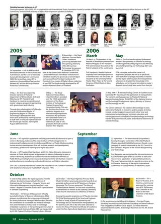 12 Annual Report 2007
Prof.Mario J.
Molina
Prof.Peter
Agere
26 September - H.E.Mr.Makhtumkuli
Akmuradov,Minister of Nature Protection,
Turkmenistan and the Chair of Interstate
Sustainable Development Commission
(ISDC) for Central Asia visited AIT to
explore on the possibility of partnership
between AIT and the Ministry of Nature
Protection,Turkmenistan.
8 November - Her Royal
Highness Princess Maha
Chakri Sirindhorn
graciously presided over
the opening ceremony
of the 8th German
Technology Symposium
 Exhibition (GTS ´05)
held at the Queen Sirikit National Convention
Center.HRH Princess Sirindhorn visited the AIT
exhibition booth and graciously acknowledged
and received from Prof.Said Irandoust,AIT
President three copies of Digital Library collection
of rare 100 Thai books jointly developed by AIT
and the National Library of Thailand.
16 March - The president of the
Republic of Azerbaijan presented the
Medal of Progress to AIT President
Prof.Said Irandoust for activity in the
field of solidarity of the world Azeris.
Prof.Irandoust,a Swedish national
originally from Azerbaijani province
of northwest Iran,was one of the 28
recipients at the ceremony held at
Heydar Aliyev Palace at the Second
Congress of World Azeris in Baku,
Azerbaijan.
3 May - The first interdisciplinary Professional
Master´s of Engineering in Offshore Technology
and Management (OTM) program to be offered by
School of Engineering and Technology (SET) was
launched.
OTM,a one-year professional master´s of
engineering program,was set up to specifically
serve staffs from oil and gas industries in Thailand
and the region with few years of work experiences
who desire to broaden their knowledge in the
related area and in the same time obtain a master´s
degree in a short study leave period from their job.
Prof.Jerome
Karle
Prof.Paul J.
Cruzen
Prof.Claude
Cohen-Tannoudji
Prof.Robert C.
Richardson
Prof.Jean-
Marie Lehn
Prof.Sheldon
L.Glashow
Prof.Riccardo
Giacconi
Bishop Carlos F.
Ximenes Belo
H.E.Mr.Jose
Ramos-Horta
Prof.Baruch
S.Blumberg
Dr.Richard J.
Roverts
Dame Anita
Roddick
Mr.Gareth
Evans
Prof.Robert
Huber
Prof.Zhores I.
Alferov
Prof.Jerome
L.Friedman
Notable laureate lecturers at AIT
During the period 2003-2005,AIT in cooperation with International Peace Foundation hosted a number of Nobel laureates and distinguished speakers to deliver lectures to the AIT
community enriched with a variety of topics from impressive speakers as follows:
3 May - An MoU was signed by
Director-General of Thailand´s
Department of Mineral Fuels Mr.Krairit
Nilkuha and AIT President Said
Irandoust to create a new professional
master´s degree program in partnership
with government and industry.
Through this collaboration,AIT offered a
one-year Professional Master of
Engineering degree in Offshore
Technology  Management and
short-term professional training courses
to staff with on-the-job experience from
the oil and gas industry,starting the
August 2006 Semester.
24 May - Her Royal
Highness Princess Maha
Chakri Sirindhorn presided
over the 105th graduation
ceremony of the Asian
Institute of Technology at
Thailand Science Park
Convention Center.This was
the first time the Princess has
conferred degrees at an
international postgraduate
institution.469 graduates
were awarded master´s or
doctoral degrees at the
ceremony.A total of 538
graduates from 26 countries
received their degrees.
25 May 2006 - A Nanotechnology Center of Excellence was
opened at AIT focusing on the application of nanoparticles.
The center is jointly supported by Thailand´s National
Nanotechnology Center (NANOTEC) of the National Science
and Technology Development Agency,Ministry of Science
and Technology and AIT.
The Center addresses the creation of knowledge in areas
relevant to Thailand,its industries and its people.Activities
include conducting joint research with other local and
international universities and institutes,education and
training personnel in the field of nanotechnology,technology
transfer and promotion of public and industrial awareness of
nanotechnology.
28 June - AIT signed an agreement with the government of Indonesia to open a
center in Bandung,Indonesia.The Asian Institute of Technology Center in
Indonesia will collaborate with the Indonesian Ministry of Public Works providing
human resource development that will facilitate research and development,
consultancy,professional trainings and higher education.
28 June - AIT President Said Irandoust and H.E.Ir.Djoko Kirmanto,Indonesia´s
minister of Public Works signed an agreement in Jakarta,Indonesia,to open a
center in Bandung,Indonesia to collaborate with the Indonesian Ministry of
Public Works providing human resource development that will facilitate research
and development,consultancy,professional trainings and higher education.
This is AIT´s second international center.The institute has run a center in Vietnam,
with locations in Hanoi and Ho Chi Minh City,since 1993.
22 September - The International Geosynthetics
Society,through a nomination of the IGS Thailand
Chapter,awarded the IGS Achievement Award,a new
category of awards introduced by the IGS Council,to
Prof.Dennes T.Bergado of the School of Engineering
and Technology.
Prof.Bergardo was recognized for his contributions to
IGS Thailand Chapter and IGS activities as well as for
research and application of geosynthetic products.
The award was presented at a special ceremony at the
IGS General Assembly of the eighth International
Conference on Geosynthetics in Yokohama,Japan.
30 October - AIT´s
Board of Trustees at its
meeting unanimously
approved the nomina-
tion of Dr.Tej Bunnag,
Vice Chairman of the
Board as the next
Chairman of the Board
Trustees.
23 October - Her Royal Highness Princess Maha
Chakri Sirindhorn graciously presented awards to an
associate professor and an AIT alumnus in Caracas,
Venezuela.The Princess presented ˝The King of
Thailand Vetiver Awards˝ for the most outstanding
achievements on vetiver at the Opening Ceremony
of the Fourth International Conference on Vetiver.
Among the awards recipients are AIT faculty member
Dr.Pichai Nimityongskul of the Structural Engineer-
ing field of study,School of Engineering and
Technology and Dr.Thammanoon Hengsadeekul,an
AIT alumnus (SEC´95  ´06) who were selected to
receive the King of Thailand Certificate of Excellence
under the Non-Agricultural Application category.
In order to help address the region´s growing need for
software development specialists,the School of
Engineering and Technology´s Computer Science and
Information Management program launched a new
master´s degree in Computer Science with a specialization
in Software Engineering.
18 October - AIT School of Management officially
launched its Doctor of Business Administration (DBA)
program,a professional doctorate program designed
for senior professional managers/administrators,focusing
the combination of coursework and research investiga-
tions and intended to create a body of knowledge
embedded in practices.At the launching ceremony held at
Sheraton Grande Sukhumvit Hotel,DBA was inaugurated
by H.E.Mr.Piyabutr Cholvijarn,Deputy Industry Minister.
Dr.Tej,an advisor to the Office of His Majesty´s Principal Private
Secretary,became the sixth chairman.Preceding him were Professor
Puey Ungpakorn,Professor Oscar Mapua,Dr.Thanat Khoman
(Chairman Emeritus),M.L.Birabhongse Kasemsri and H.E.Mr.Anand
Panyarachun.
 