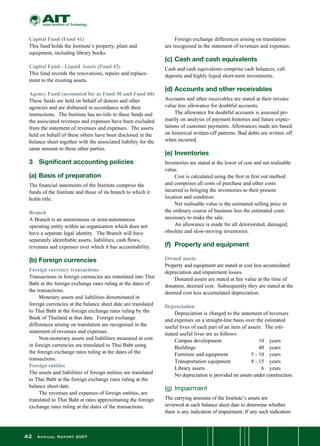 42 Annual Report 2007
Capital Fund (Fund 41)
This fund holds the Institute’s property, plant and
equipment, including library books.
Capital Fund - Liquid Assets (Fund 42)
This fund records the renovations, repairs and replace-
ment to the existing assets.
Agency Fund (accounted for as Fund 50 and Fund 60)
These funds are held on behalf of donors and other
agencies and are disbursed in accordance with their
instructions.  The Institute has no title to these funds and
the associated revenues and expenses have been excluded
from the statement of revenues and expenses.  The assets
held on behalf of these others have been disclosed in the
balance sheet together with the associated liability for the
same amount to these other parties.
3	 Significant accounting policies
(a)	Basis of preparation
The financial statements of the Institute comprise the
funds of the Institute and those of its branch to which it
holds title.
Branch
A Branch is an autonomous or semi-autonomous
operating entity within an organisation which does not
have a separate legal identity.  The Branch will have
separately identifiable assets, liabilities, cash flows,
revenues and expenses over which it has accountability.
(b)	Foreign currencies
Foreign currency transactions
Transactions in foreign currencies are translated into Thai
Baht at the foreign exchange rates ruling at the dates of
the transactions.
	 Monetary assets and liabilities denominated in
foreign currencies at the balance sheet date are translated
to Thai Baht at the foreign exchange rates ruling by the
Bank of Thailand at that date.  Foreign exchange
differences arising on translation are recognised in the
statement of revenues and expenses.
	 Non-monetary assets and liabilities measured at cost
in foreign currencies are translated to Thai Baht using
the foreign exchange rates ruling at the dates of the
transactions.
Foreign entities
The assets and liabilities of foreign entities are translated
to Thai Baht at the foreign exchange rates ruling at the
balance sheet date.
	 The revenues and expenses of foreign entities, are
translated to Thai Baht at rates approximating the foreign
exchange rates ruling at the dates of the transactions.
	 Foreign exchange differences arising on translation
are recognised in the statement of revenues and expenses.
(c)	Cash and cash equivalents
Cash and cash equivalents comprise cash balances, call
deposits and highly liquid short-term investments.
(d)	Accounts and other receivables
Accounts and other receivables are stated at their invoice
value less allowance for doubtful accounts.
	 The allowance for doubtful accounts is assessed pri-
marily on analysis of payment histories and future expec-
tations of customer payments. Allowances made are based
on historical written-off patterns. Bad debts are written off
when incurred.
(e)	Inventories
Inventories are stated at the lower of cost and net realisable
value.
	 Cost is calculated using the first in first out method
and comprises all costs of purchase and other costs
incurred in bringing the inventories to their present
location and condition.
	 Net realisable value is the estimated selling price in
the ordinary course of business less the estimated costs
necessary to make the sale.
	 An allowance is made for all deteriorated, damaged,
obsolete and slow-moving inventories.
(f)	 Property and equipment
	
Owned assets
Property and equipment are stated at cost less accumulated
depreciation and impairment losses.
	 Donated assets are stated at fair value at the time of
donation, deemed cost.  Subsequently they are stated at the
deemed cost less accumulated depreciation.
Depreciation
	 Depreciation is charged to the statement of revenues
and expenses on a straight-line basis over the estimated
useful lives of each part of an item of assets.  The esti-
mated useful lives are as follows:
	 Campus development	 10	 years
	 Buildings	 40	 years
	 Furniture and equipment	 5 - 10	 years
	 Transportation equipment	 8 - 15	 years
	 Library assets	 6	 years
	 No depreciation is provided on assets under construction.
(g)	Impairment
The carrying amounts of the Institute’s assets are
reviewed at each balance sheet date to determine whether
there is any indication of impairment. If any such indication
 