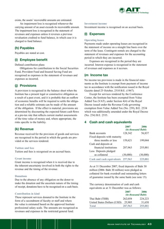 Asian Institute of Technology 43
exists, the assets’ recoverable amounts are estimated.
	 An impairment loss is recognised whenever the
carrying amount of an asset exceeds its recoverable amount.
The impairment loss is recognised in the statement of
revenues and expenses unless it reverses a previous
revaluation credited to fund balance, in which case it is
charged to fund balance.
(h)	Payables
Payables are stated at cost.
(i)	 Employee benefit
Defined contribution plans
	 Obligations for contributions to the Social Securities
Fund, Provident Fund and Insured Saving Fund are
recognised as expenses in the statement of revenues and
expenses as incurred.
(j)	 Provisions
A provision is recognised in the balance sheet when the
Institute has a present legal or constructive obligation as
a result of a past event, and it is probable that an outflow
of economic benefits will be required to settle the obliga-
tion and a reliable estimate can be made of the amount
of the obligation.  If the effect is material, provisions are
determined by discounting the expected future cash flows
at a pre-tax rate that reflects current market assessments
of the time value of money and, where appropriate, the
risks specific to the liability.
(k)	Revenue
Revenue received for the provision of goods and services
are recognised in the period in which the goods are pro-
vided or the services rendered.
Tuition and fees
Tuition and fees is recognised on an accrual basis.
Grant income
Grant income is recognised when it is received due to
the inherent uncertainty involved in both the rights to the
revenue and the timing of the revenue.
Donations
Due to the absence of any obligation on the donor to
make the donation and the uncertain nature of the timing
of receipt, donations have to be recognised on a cash basis.
Contribution in kind
These represent services donated to the Institute in the
form of a secondment of faculty or staff and where
the value is estimated based on the approved Institute
professional salary scale. The amounts are recognised as
revenues and expenses in the restricted general fund.
Investment income
Investment income is recognised on an accrual basis.
(l)	 Expenses
Operating leases
Payments made under operating leases are recognised in
the statement of income on a straight line basis over the
term of the lease. Contingent rentals are charged to the
statement of revenues and expenses for the accounting
period in which they are incurred.
	 Expenses are recognised in the period they are
incurred. Interest expense is recognised in the statement
of revenues and expenses as it accrues.
(m	 Income tax
No income tax provision is made in the financial state-
ments as the Institute is exempt from payment of income
tax in accordance with the notification issued in the Royal
Gazette dated 25 October, 2510 B.E. (1967).
	 Except for services rendered by the Conference
Center, the Institute has been exempted from Value
Added Tax (VAT), under Section 4(4) of the Royal
Decree issued under the Revenue Code governing
exemption from Value Added Tax (No. 239), B.E. 2534
which was additionally amended under the Royal Decree
(No. 254) B.E. 2535.
4	 Cash and cash equivalents
	 	
	
	 Bank accounts	 128,342	 56,837
	 Fixed deposits with maturity
	 	 three months or less	 159,621	 199,044
	 Cash and deposits at
	 	 financial institutions	 287,963	 255,881
	 Less  Deposits pledged
	 	 as collateral	 (30,000)	 (30,000)
	 Cash and cash equivalents	 257,963	 225,881
As at 31 December 2007, fixed deposits of Baht 30
million (2006: Baht 30 million) were pledged as
collateral for bank overdraft and outstanding letters
of guarantee issued by the same bank (see note 15).
The currency denomination of cash and cash
equivalents as at 31 December was as follows:
	 	
	 Thai Baht (THB)	 262,058	 224,223
	 United States Dollars (USD)	 25,905	 31,658
	 Total	 287,963	 255,881
		 2007	 2006
		 (in thousand Baht)
		 2007	 2006
		 (in thousand Baht)
 