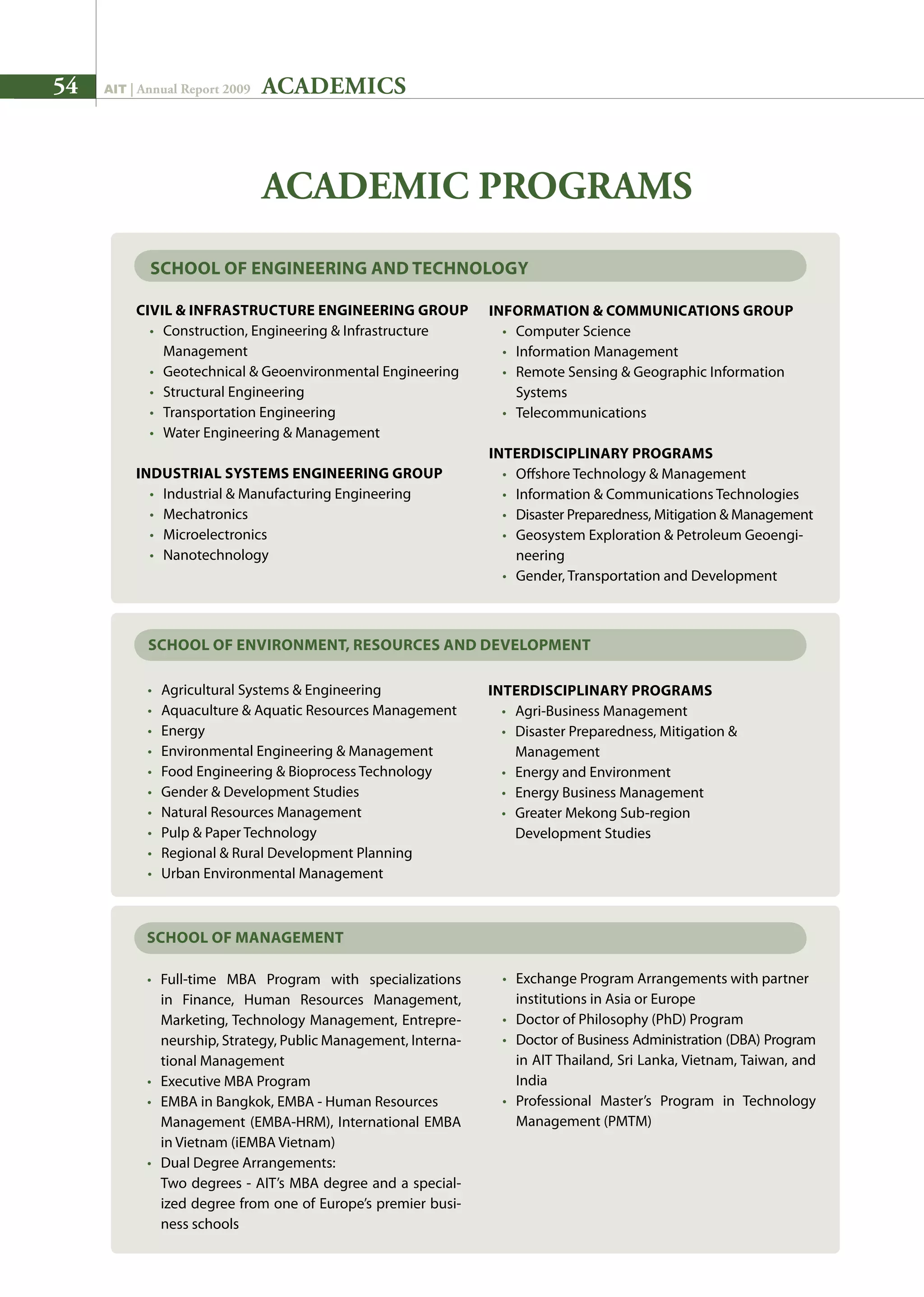 54 AIT | Annual Report 2009
Civil  Infrastructure Engineering Group
	 •	 Construction, Engineering  Infrastructure
		 Management
	 •	 Geotechnical  Geoenvironmental Engineering
	 •	 Structural Engineering
	 •	 Transportation Engineering
	 •	 Water Engineering  Management
Industrial Systems Engineering Group
	 •	 Industrial  Manufacturing Engineering
	 •	 Mechatronics
	 •	 Microelectronics
	 •	 Nanotechnology
	 •	 Full-time MBA Program with specializations
in Finance, Human Resources Management,
Marketing, Technology Management, Entrepre-
neurship, Strategy, Public Management, Interna-
tional Management
	 •	 Executive MBA Program
	 •	 EMBA in Bangkok, EMBA - Human Resources
		 Management (EMBA-HRM), International EMBA
in Vietnam (iEMBA Vietnam)
	 •	 Dual Degree Arrangements:
		 Two degrees - AIT’s MBA degree and a special-
ized degree from one of Europe’s premier busi-
ness schools
ACADEMIC PROGRAMS
ACADEMICS
	 •	 Agricultural Systems  Engineering
	 •	 Aquaculture  Aquatic Resources Management
	 •	 Energy
	 •	 Environmental Engineering  Management
	 •	 Food Engineering  Bioprocess Technology
	 •	 Gender  Development Studies
	 •	 Natural Resources Management
	 •	 Pulp  Paper Technology
	 •	 Regional  Rural Development Planning
	 •	 Urban Environmental Management
Information  Communications Group
	 •	 Computer Science
	 •	 Information Management
	 •	 Remote Sensing  Geographic Information
Systems
	 •	 Telecommunications
Interdisciplinary Programs
	 •	 Offshore Technology  Management
	 •	 Information  Communications Technologies
	 •	 Disaster Preparedness, Mitigation  Management
	 •	 Geosystem Exploration  Petroleum Geoengi-
neering
	 •	 Gender, Transportation and Development
School of Engineering and Technology
School of Environment, Resources and Development
Interdisciplinary Programs
	 •	 Agri-Business Management
	 •	 Disaster Preparedness, Mitigation 
Management
	 •	 Energy and Environment
	 •	 Energy Business Management
	 •	 Greater Mekong Sub-region
		 Development Studies
School of Management
	 •	 Exchange Program Arrangements with partner
		 institutions in Asia or Europe
	 •	 Doctor of Philosophy (PhD) Program
	 •	 Doctor of Business Administration (DBA) Program
in AIT Thailand, Sri Lanka, Vietnam, Taiwan, and
India
	 •	 Professional Master’s Program in Technology
Management (PMTM)
 