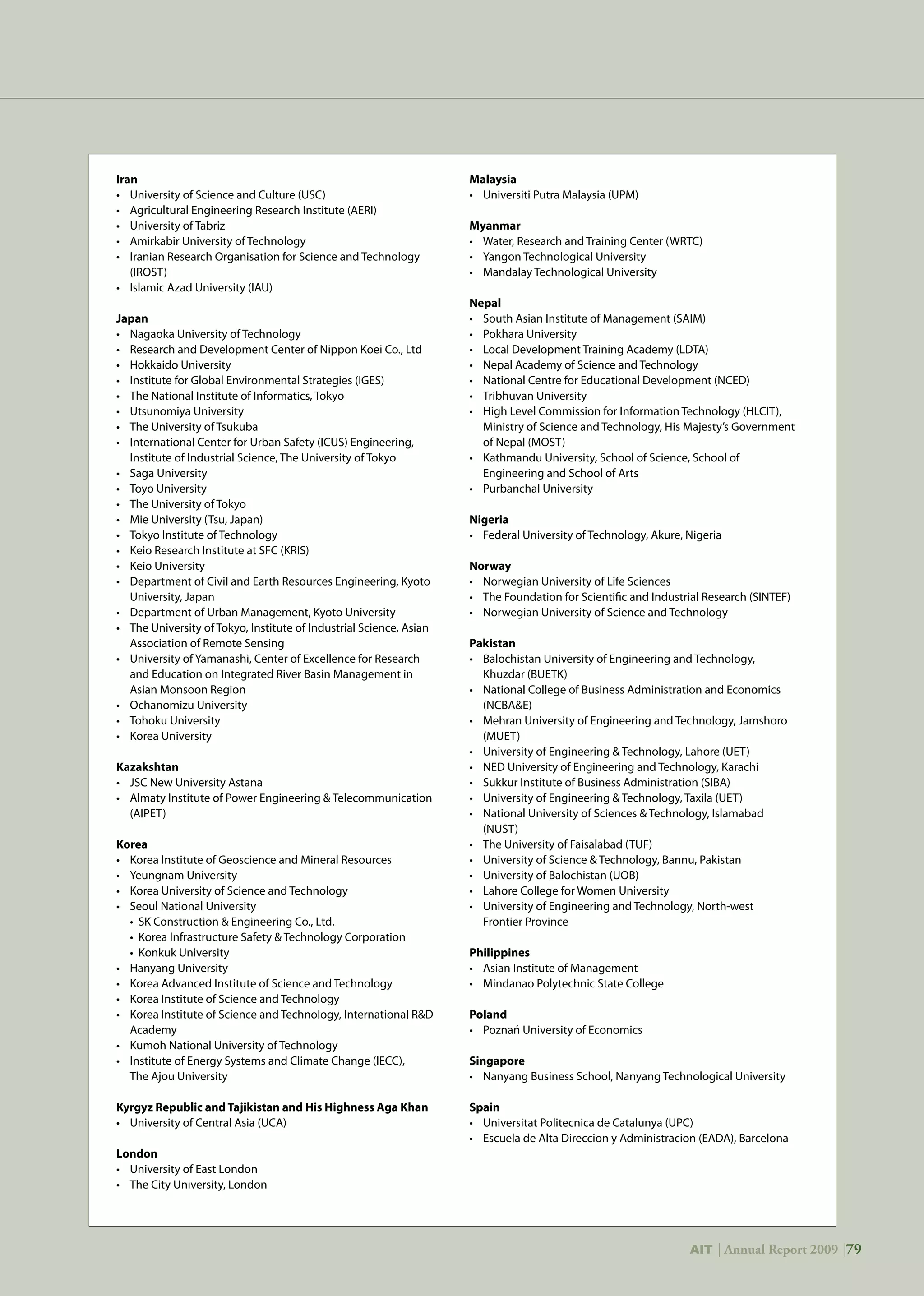AIT | Annual Report 2009 |79
Iran
•	 University of Science and Culture (USC)
•	 Agricultural Engineering Research Institute (AERI)
•	 University of Tabriz
•	 Amirkabir University of Technology
•	 Iranian Research Organisation for Science and Technology
	 (IROST)
•	 Islamic Azad University (IAU)
Japan
•	 Nagaoka University of Technology
•	 Research and Development Center of Nippon Koei Co., Ltd
•	 Hokkaido University
•	 Institute for Global Environmental Strategies (IGES)
•	 The National Institute of Informatics, Tokyo
•	 Utsunomiya University
•	 The University of Tsukuba
•	 International Center for Urban Safety (ICUS) Engineering, 	
	 Institute of Industrial Science, The University of Tokyo
•	 Saga University
•	 Toyo University
•	 The University of Tokyo
•	 Mie University (Tsu, Japan)
•	 Tokyo Institute of Technology
•	 Keio Research Institute at SFC (KRIS)
•	 Keio University
•	 Department of Civil and Earth Resources Engineering, Kyoto 	
	 University, Japan
•	 Department of Urban Management, Kyoto University
•	 The University of Tokyo, Institute of Industrial Science, Asian 	
	 Association of Remote Sensing
•	 University of Yamanashi, Center of Excellence for Research 	
	 and Education on Integrated River Basin Management in 	
	 Asian Monsoon Region
•	 Ochanomizu University
•	 Tohoku University
•	 Korea University
Kazakshtan
•	 JSC New University Astana
•	 Almaty Institute of Power Engineering  Telecommunication 	
	 (AIPET)
Korea
•	 Korea Institute of Geoscience and Mineral Resources
•	 Yeungnam University
•	 Korea University of Science and Technology
•	 Seoul National University
	 • SK Construction  Engineering Co., Ltd.
	 • Korea Infrastructure Safety  Technology Corporation
	 • Konkuk University
•	 Hanyang University
•	 Korea Advanced Institute of Science and Technology
•	 Korea Institute of Science and Technology
•	 Korea Institute of Science and Technology, International RD 	
	 Academy
•	 Kumoh National University of Technology
•	 Institute of Energy Systems and Climate Change (IECC),
	 The Ajou University
Kyrgyz Republic and Tajikistan and His Highness Aga Khan
•	 University of Central Asia (UCA)
London
•	 University of East London
•	 The City University, London
Malaysia
•	 Universiti Putra Malaysia (UPM)
Myanmar
•	 Water, Research and Training Center (WRTC)
•	 Yangon Technological University
•	 Mandalay Technological University
Nepal
•	 South Asian Institute of Management (SAIM)
•	 Pokhara University
•	 Local Development Training Academy (LDTA)
•	 Nepal Academy of Science and Technology
•	 National Centre for Educational Development (NCED)
•	 Tribhuvan University
•	 High Level Commission for Information Technology (HLCIT), 		
	 Ministry of Science and Technology, His Majesty’s Government 	
	 of Nepal (MOST)
•	 Kathmandu University, School of Science, School of 	
	 Engineering and School of Arts
•	 Purbanchal University
Nigeria
•	 Federal University of Technology, Akure, Nigeria
Norway
•	 Norwegian University of Life Sciences
•	 The Foundation for Scientific and Industrial Research (SINTEF)
•	 Norwegian University of Science and Technology
Pakistan
•	 Balochistan University of Engineering and Technology,
	 Khuzdar (BUETK)
•	 National College of Business Administration and Economics 		
	 (NCBAE)
•	 Mehran University of Engineering and Technology, Jamshoro 		
	 (MUET)
•	 University of Engineering  Technology, Lahore (UET)
•	 NED University of Engineering and Technology, Karachi
•	 Sukkur Institute of Business Administration (SIBA)
•	 University of Engineering  Technology, Taxila (UET)
•	 National University of Sciences  Technology, Islamabad
	 (NUST)
•	 The University of Faisalabad (TUF)
•	 University of Science  Technology, Bannu, Pakistan
•	 University of Balochistan (UOB)
•	 Lahore College for Women University
•	 University of Engineering and Technology, North-west
	 Frontier Province
Philippines
•	 Asian Institute of Management
•	 Mindanao Polytechnic State College
Poland
•	 Poznań University of Economics
Singapore
•	 Nanyang Business School, Nanyang Technological University
Spain
•	 Universitat Politecnica de Catalunya (UPC)
•	 Escuela de Alta Direccion y Administracion (EADA), Barcelona
AIT | Annual Report 2009 |79
 