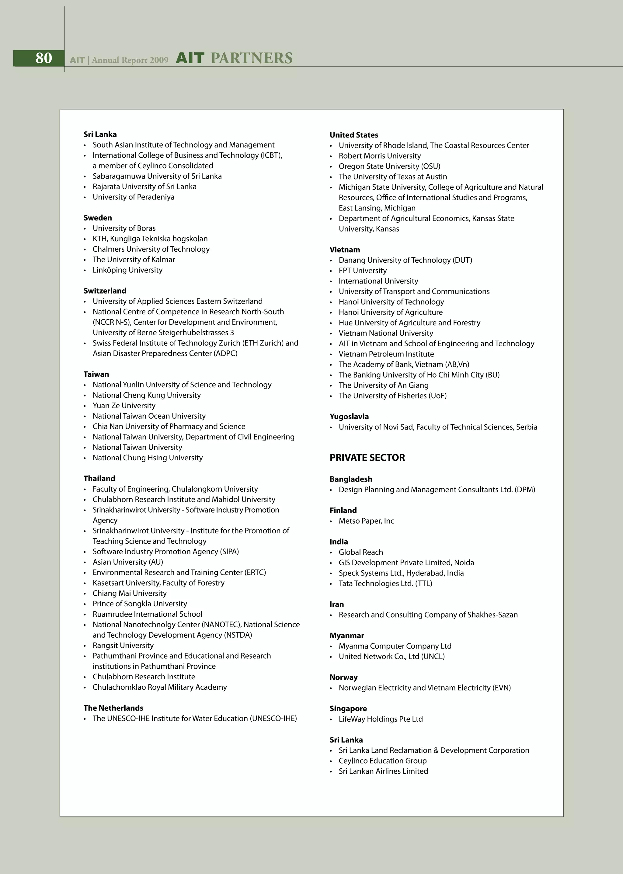 80 AIT | Annual Report 200980 AIT | Annual Report 2009 AIT PARTNERS
United States
•	 University of Rhode Island, The Coastal Resources Center
•	 Robert Morris University
•	 Oregon State University (OSU)
•	 The University of Texas at Austin
•	 Michigan State University, College of Agriculture and Natural 		
	 Resources, Office of International Studies and Programs, 		
	 East Lansing, Michigan
•	 Department of Agricultural Economics, Kansas State 		
	 University, Kansas
Vietnam
•	 Danang University of Technology (DUT)
•	 FPT University
•	 International University
•	 University of Transport and Communications
•	 Hanoi University of Technology
•	 Hanoi University of Agriculture
•	 Hue University of Agriculture and Forestry
•	 Vietnam National University
•	 AIT in Vietnam and School of Engineering and Technology
•	 Vietnam Petroleum Institute
•	 The Academy of Bank, Vietnam (AB,Vn)
•	 The Banking University of Ho Chi Minh City (BU)
•	 The University of An Giang
•	 The University of Fisheries (UoF)
Yugoslavia
•	 University of Novi Sad, Faculty of Technical Sciences, Serbia
PRIVATE SECTOR
Bangladesh
•	 Design Planning and Management Consultants Ltd. (DPM)
Finland
•	 Metso Paper, Inc
India
•	 Global Reach
•	 GIS Development Private Limited, Noida
•	 Speck Systems Ltd., Hyderabad, India
•	 Tata Technologies Ltd. (TTL)
Iran
•	 Research and Consulting Company of Shakhes-Sazan
Myanmar
•	 Myanma Computer Company Ltd
•	 United Network Co., Ltd (UNCL)
Norway
•	 Norwegian Electricity and Vietnam Electricity (EVN)
Singapore
•	 LifeWay Holdings Pte Ltd
Sri Lanka
•	 Sri Lanka Land Reclamation  Development Corporation
•	 Ceylinco Education Group
•	 Sri Lankan Airlines Limited
Sri Lanka
•	 South Asian Institute of Technology and Management
•	 International College of Business and Technology (ICBT),
	 a member of Ceylinco Consolidated
•	 Sabaragamuwa University of Sri Lanka
•	 Rajarata University of Sri Lanka
•	 University of Peradeniya
Sweden
•	 University of Boras
•	 KTH, Kungliga Tekniska hogskolan
•	 Chalmers University of Technology
•	 The University of Kalmar
•	 Linköping University
Switzerland
•	 University of Applied Sciences Eastern Switzerland
•	 National Centre of Competence in Research North-South 		
	 (NCCR N-S), Center for Development and Environment,
	 University of Berne Steigerhubelstrasses 3
•	 Swiss Federal Institute of Technology Zurich (ETH Zurich) and 		
	 Asian Disaster Preparedness Center (ADPC)
Taiwan
•	 National Yunlin University of Science and Technology
•	 National Cheng Kung University
•	 Yuan Ze University
•	 National Taiwan Ocean University
•	 Chia Nan University of Pharmacy and Science
•	 National Taiwan University, Department of Civil Engineering
•	 National Taiwan University
•	 National Chung Hsing University
Thailand
•	 Faculty of Engineering, Chulalongkorn University
•	 Chulabhorn Research Institute and Mahidol University
•	 Srinakharinwirot University - Software Industry Promotion 		
	 Agency
•	 Srinakharinwirot University - Institute for the Promotion of		
	 Teaching Science and Technology
•	 Software Industry Promotion Agency (SIPA)
•	 Asian University (AU)
•	 Environmental Research and Training Center (ERTC)
•	 Kasetsart University, Faculty of Forestry
•	 Chiang Mai University
•	 Prince of Songkla University
•	 Ruamrudee International School
•	 National Nanotechnolgy Center (NANOTEC), National Science 		
	 and Technology Development Agency (NSTDA)
•	 Rangsit University
•	 Pathumthani Province and Educational and Research 	
	 institutions in Pathumthani Province
•	 Chulabhorn Research Institute
•	 Chulachomklao Royal Military Academy
The Netherlands
•	 The UNESCO-IHE Institute for Water Education (UNESCO-IHE)
 