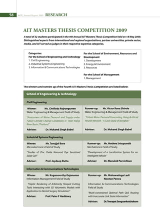 58 AIT | Annual Report 2009 RESEARCH
AIT MASTERS THESIS COMPETITION 2009
School of Engineering  Technology
Runner-up: Mr. Victor Rana Shinde
Water Engineering  Management Field of Study
“Urban Water Demand Forecasting Using Artificial
Neural Network - A Case Study of Bangkok”
Adviser: 	 Dr. Mukand Singh Babel
Runner-up: Mr. Methee Srisupundit
Mechatronics Field of Study
“Development of a Localization System for an
Intelligent Vehicle”
Adviser: 	 Dr. Manukid Parnichkun
Civil Engineering
Winner: Ms. Chollada Rojrungtavee	
Water Engineering  Management Field of Study
“Assessment of Water Demand and Supply under
Future Climate Change Conditions in Mae Klong
River Basin, Thailand”
Adviser: 	 Dr. Mukand Singh Babel
Industrial Systems Engineering
Winner: 	 Mr. Tanujjal Bora
Microelectronics Field of Study
“Studies of Zinc Oxide Nanorod Dye Sensitized
Solar Cell”
Adviser: 	 Prof. Joydeep Dutta
Information  Communications Technologies
Winner		 Mr. Kugamoorthy Gajananan
Information Management Field of Study
“Haptic Rendering of Arbitrarily Shaped Cutting
Tools Interacting with 3D Volumetric Models with
Application to Dental Surgery Simulation”
Adviser: 	 Prof. Peter F Haddawy
Runner-up:	 Mr. Mahawaduge Lesli 		
	 Newton Perera
Information  Communications Technologies
Field of Study
“Multi-constrained Optimal Path QoS Routing
with Inaccurate Link State Information”
Adviser: 	 Dr.TeerapatSanguankotchakorn
A total of 52 students participated in the 4th Annual AIT Masters Thesis Competition held on 18 May 2009.
Distinguished experts from international and regional organizations, partner universities, private sector,
media, and AIT served as judges in their respective expertise categories.
For the School of Environment, Resources and
Development
1. Development						
2. Energy  Environment
3. Resources
For the School of Management
1. Management
Categories:
For the School of Engineering andTechnology
1. Civil Engineering				
2. Industrial Systems Engineering
3. Information  Communications Technologies
The winners and runners up of the Fourth AIT Masters Thesis Competition are listed below:
 