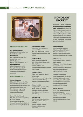 72 AIT | Annual Report 2009 FACULTY MEMBERS
EMERITUS PROFESSORS
A.S. Balasubramaniam	
B.Sc., Ceylon Univ., Sri Lanka; Ph.D.,
Cambridge Univ., U.K.
Peter Edwards	
B.Sc., Liverpool Univ., U.K.; Ph.D.,
Univ. of Texas, U.S.A.
John Hugh Jones	
B.S., M.S., Univ. of California , U.S.A.
Pisidhi Karasudhi	
B.Eng., Chulalongkorn Univ.; 	
M.Eng., Chulalongkorn-SEATO
Graduate School of Engineering,
Thailand; Ph.D., Northwestern
Univ., U.S.A.
FULL-TIME FACULTY
Nitin V. Afzulpurkar	
B.Eng., Univ. of Poona, India; Ph.D.,
Univ. of Canterbury, New Zealand
Associate Professor, Mechatronics and
Microelectronics Fields of Study
Dean, School of Engineering
and Technology and Director,
Undergraduate Programs	
Mokbul Morshed Ahmad	
B.Sc, M.Sc., Dhaka Univ., Bangladesh;
M.Sc., AIT, Thailand;
Ph.D., Univ. of Durham, U.K.
Assistant Professor, Regional  Rural
Development Planning Field of Study
Kazi Mohiuddin Ahmed	
M.Sc., Inst. of Communications,
Leningrad, USSR;
Ph.D., Univ. of Newcastle, Australia
Professor, Telecommunications Field
of Study
Anil Kumar Anal	
Doctor of Veterinary Medicine,
Univ. of Agriculture, Pakistan; M.Sc,
Ph.D, AIT, Thailand;
Assistant Professor, Food
Engineering  Bioprocess Technology
Field of Study
Ajit P. Annachhatre	
B.Tech., Ph.D., Indian Inst. of Tech.,
Kanpur, India
Professor, Environmental Engineering
 Management Field of Study
Director, AIT-United Nations’Office
Mukand S. Babel	
B.Eng., Rajasthan Agr. Univ., India;
M.Eng., D.Eng., AIT, Thailand
Associate Professor, Coordinator
Water Engineering  Management
Field of Study
Rian Beise-Zee	
Dipl., Wirtschaftsingenieurwesen;
Ph.D., Technical Univ. of Berlin,
Germany
Assistant Professor School of
Management Coordinator,
SOM PhD Program
Dennes T. Bergado	
B.S.C.E., Mindanao State Univ.,
Philippines; M.Eng., AIT, Thailand
Ph.D., Utah State Univ., U.S.A.
Professor, Geotechnical  Geoenvi-
ronmental Engineering Field of Study
Erik L. J. Bohez	
B.Eng., High Tech. Inst. St. Antonius,
Ghent, Belgium
M.Eng., State Univ. of Ghent, Belgium
Associate Professor,
Industrial Engineering  Management,
and Design  Manufacturing
Engineering Fields of Study
Chotchai Charoenngam	
B.Eng., King Mongkut’s Inst. of Tech.,
Thonburi, Thailand; M.S., Univ. of
Kansas; Ph.D., Univ. of Texas, U.S.A.
Associate Professor, Construction,
Engineering  Infrastructure
Management Field of Study
Roberto Clemente	
B.S.A.E., Univ. of the Philippines at
Los Baños, Philippines;
M.S., AIT, Thailand; Ph.D., McGill Univ.,
Canada
Associate Professor, Water
Engineering  Management Field
of Study.
HONORARY
FACULTY
The Institute is deeply grateful that
Her Royal Highness Princess Maha
Chakri Sirindhorn has seen fit to
share her expertise and experience
with faculty, staff and students, as
an Honorary Faculty Member. In this
singular position, Her Royal Highness
is associated with the Remote Sens-
ing and Geographic Information
Systems Field of Study.
 