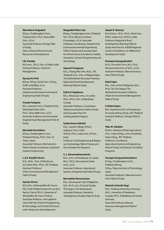 AIT | Annual Report 2009 |75
Weerakorn Ongsakul	
B.Eng., Chulalongkorn Univ.,
Thailand; M.S., Ph.D., Texas AM
Univ., U.S.A.
Associate Professor, Energy Field
of Study
Dean, School of Environment,
Resources  Development
I.M. Pandey
M.Comm., Ph.D., Univ. of Delhi, India
Visiting Professor, School of
Management
Kyung-Ho Park	
B.Eng., M.Eng., Korea Univ.; D.Eng.,
SUNY at Buffalo, U.S.A.
Assistant Professor,
Geotechnical  Geoenvironmental
Engineering Field of Study
Preeda Parkpian	
B.Sc., Kasetsart Univ., Thailand; M.Sc.,
Mississippi State Univ.;
Ph.D., Texas AM Univ., U.S.A.
Associate Professor, Environmental
Engineering  Management Field of
Study
Manukid Parnichkun	
B.Eng., Chulalongkorn Univ.,
Thailand; M.Eng., Ph.D., Univ. of
Tokyo, Japan
Associate Professor, Mechatronics
Field of Study Coordinator, Industrial
Systems Engineering
L.A.S. Ranjith Perera	
B.Sc., M.Sc., Univ. of Moratuwa,
Sri Lanka; M.Sc., Ph.D., AIT, Thailand
Assistant Professor,
Urban Environmental Management
Field of Study
Sylvain Perret	
M.S.,Univ. of Montpellier III, France;
DSc, Ecole Polytechnique de Lorraine,
Nancy, France; Ph.D., University of
Montpellier III, France Visiting
Associate Professor, Joint appoint-
ment with the School of Engineering
 Technology, and School of Environ-
ment, Resources  Development
Noppadol Phien-wej	
B.Eng., Chulalongkorn Univ.,Thailand;
M.S., Ph.D., Illinois at Urbana
Champaign, U.S.A. Associate
Professor, Coordinator, Geotechnical
 Geoenvironmental Engineering
Field of Study and Associate Dean
for Infrastructure  Academic Quality
Assurance, School of Engineering and
Technology
Soparth Pongquan	
B.Sc., Chiang Mai Univ.; M.Sc., AIT,
Thailand; D.Sc., Univ. of Wageningen,
The Netherlands Associate Professor,
Regional  Rural Development
Planning Field of Study
R.M.A.P. Rajatheva	
B.Sc., Moratuwa Univ., Sri Lanka;
M.Sc., Ph.D., Univ. of Manitoba,
Canada
Associate Professor, Coordinator,
Telecommunications Field of Study
and Associate Dean for
Undergraduate Program
Sudip Kumar Rakshit	
B.Sc., Loyola College; B.Tech.,
Jadavpur Univ., India;
M.Tech, Ph.D., Indian Inst. of Tech.,
India
Professor, Food Engineering  Biopro-
cess Technology Field of Study, and
Vice President for Research
S. L. Ranamukhaarachchi	
B.Sc., Univ. of Peradeniya, Sri Lanka;
M.Sc., Ph.D., Pennsylvania State
Univ., U.S.A.
Associate Professor, Agricultural
Systems  Engineering Field of Study
Bernadette Resurreccion	
B.Sc., Assumption Coll., Philippines;
M.A., Ph.D., Inst. of Social Studies,
The Hague, The Netherlands
Associate Professor, Gender 
Development Studies Field of Study
Jayant K. Routray	
B.Sc.(Hons.)., M.Sc., Ph.D., Utkal Univ.;
M.R.P., Indian Inst. of Tech., India
Professor, Regional  Rural
Development Planning Field of
Study and Director, ASEAN Regional
Center of Excellence on Millennium
Development Goals
Poompat Saengudomlert	
B.S.E., Princeton Univ.; M.S., Ph.D.,
Massachusetts Inst. of Tech., U.S.A.
Assistant Professor, Telecommunica-
tions Field of Study
Edsel Sajor	
B.Sc., Univ. of the Philippines; M.A.,
Ph.D., ISS, The Hague, The
Netherlands Assistant Professor,
Urban Environmental Management
Field of Study
P Abdul Salam	
BSc. Eng.(Hons),Univ. of Peradeniya,
Sri Lanka; M.Eng.,D.Eng., AIT, Thailand
Assistant Professor, Energy Field of
Study
Vilas M. Salokhe	
B.Tech., Mahatma Phule Agricultural
Univ., India; M.Eng., Univ. of Sukhdia,
India; D.Eng., AIT, Thailand
Professor, Coordinator,
Agricultural Systems  Engineering
Field of Study and Director of Unified
Programs	
Teerapat Sanguankotchakorn	
B. Eng., Chulalongkorn Univ.,
Thailand; M.Eng.,
D.Eng., Tokyo Institute of Technology,
Japan
Associate Professor, Telecommunica-
tions Field of Study
Dietrich Schmidt-Vogt	
B.Sc., Freiburg University, Germany;
M.Sc., University of Saskatoon,
Canada; Ph.D., Heidelberg University,
Germany
Associate Professor, Natural
Resources Management Field of
Study
 