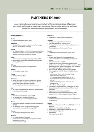 AIT | Annual Report 2009 |77
parTners In 2009
Governments
Austria
•	 Austrian Development Agency (ADA)
Azerbaijan
•	 Ministry of Communication and Information Technologies 		
	 (MICT) of the Republic of Azerbaijan
Canada
•	 Her Majesty the Queen in right of Canada represented by the
	 Minister for International Cooperation acting through the
	 Canadian International Development Agency
China
•	 State Bureau of Surveying and Mapping of China (SBSM)
•	 Department of International Cooperation and Exchanges, 		
	 Ministry of Education
Ethiopia
•	 Ministry of Agriculture and Rural Development
Finland
•	 The Ministry of Foreign Affairs
France
•	 Ministry of Foreign Affairs
Indonesia
•	 Deputy of Facilities and Infrastructure, Ministry National
	 Development Planning/National Development Planning 		
	 Agency (BAPPENAS), Republic of Indonesia
• 	 The Ministry of Public Works, Republic of Indonesia
Iran
•	 The Iranian Space Agency (ISA), Ministry of Communication 		
	 and Information Technology
Japan
•	 Japan Aerospace Exploration Agency (JAXA)
•	 The National Space Development Agency
•	 Korea International Cooperation Agency (KOICA)
Nepal
•	 International Centre for Integrated Mountain Development 		
	 (ICIMOD)
•	 The Ministry of Science and Technology; High Level
	 Commission for Information Technology (HLCIT)
Norway
•	 The Norwegian Ministry of Foreign Affairs
Pakistan
•	 The Higher Education Commission
•	 Commission on Science and Technology for Sustainable
	 Development (COMSATS)
•	 Government of the Punjab
Philippines
• 	 Department of Science and Technology (DOST)
Sri Lanka
•	 Ministry of Housing and Common Amenities
•	 The Urban Development Authority (UDA)
•	 Ministry of Human Resource Development, Education and
	 Cultural Affairs 	
	 “Secondary Education Modernization Project”
Sweden
•	 Swedish International Development Agency (Sida)
Thailand
•	 Software Park Thailand, Technology Management
	 Center, National Science and Technology Development 		
	 Agency
•	 National Science Museum (NSM)
•	 Office of the Non-Formal and Informal Education (ONIE)
•	 Sirindhorn International Environmental Park Foundation (SIEP)
	 under the Patronage of HRH Princess Maha Chakri Sirindhorn
•	 Electricity Generating Authority of Thailand
•	 NECTEC, NSTDA - National Electronics and Computer
	 Technology Center and WD - Western Digital (Thailand)
	 Co., Ltd.
	 • Department of Mineral Fuels, Ministry of Energy
	 • Petroleum Institute of Thailand
	 • PTT Exploration and production Public Co., Ltd
	 • Chevron Thailand Exploration and Production Ltd.
	 • CUEL Ltd.
	 • Thai Nippon Steel Engineering and Construction
	 Corporation Ltd.
	 • WorleyParsons (Thailand) Ltd.
•	 The Pollution Control Department, Thailand and The Swiss
	 National Centre of Competence in Research North-South 		
	 Switzerland
•	 Department of Mineral Resources (DMR)
•	 National Electronics and Computer Technology Center,
	 National Science and Technology Development Agency
The Netherlands
•	 The Minister for Development Cooperation of the Kingdom of 		
	 the Netherlands
Vietnam
•	 The Ministry of Education and Training (MOET), Government 		
	 of Vietnam
•	 Department of Home Affairs, Can Tho City
•	 Department of Science and Technology, Can Tho City
•	 Ho Chi Minh City Project 300
•	 Petrovietnam
•	 Electricity of Vietnam (EVN)
As an independent and autonomous institute with international status, AIT partners
with public and private sector partners throughout the region and with some of the top
universities and international organizations around the world.
77AIT | Annual Report 2009AIT PARTNERS
 