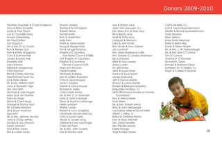 Donors 2009-2010

Heather Goeddel & Chad Anderson   Sharon Joseph               Joe & Happy Lear                    Cathy Mueller, S.L.
Amy & Brian Goyette               Denise & Scott Kaplan       Joan Van Leeuwen, S.L.              Kurt & Laura Muenstermann
Linda & Paul Grant                Robert Kelce                Drs. Mary Ann & Alan Levy           Walter & Bonnie Muenstermann
Lori & Chandler Gray              Kendra Kelly                Bill & Becky Levy                   Todd Munson
Arnold Greenberg                  Bob & Hazel Kern            Mark & Patty Levy                   Brian Nelson
Mr. Fred Griffen                  Kelly Kern                  Lindquist & Vennum                  Mary Smid Newman
Lori Grgurich                     Frank & Janet Kester        Larry & Joni Litvak                 Peter & Betty Ney
Mr. & Mrs. D. M. Gustin           Doug & Margie Kidd          Ron Litvak & Amy Gaines             Dave & Eileen Nickel
Ron & Renee Guy                   Tim & Ginger Kimpton        Jim Lockhart                        Mr. & Mrs. J. W. Nollenberger
Tom & Kathy Hagglund              Knights of Columbus,        Mrs. Jane Hardaway Loﬂin            Mr. & Mrs. Bart O’Connor
Cory & SuAnne Hall                  Ave Maria Council #7880   Mrs. Dolores D. Loiseau-Robinson    Tim O’Connor
James & Linda Hall                OLF Knights of Columbus     Ida Lombardi                        Thomas R. O’Donnell
Kimberly Hall                     Knights of Columbus,        Mike & Tina Lowery                  Richard R. Olson
Larry Hanson                        Denver Council #539       Sylvia Luyten                       Ronald & Barbara Olson
Deborah Hargreaves                Mary Ann Knutson            Dr. Jeff Maen                       Kathleen M. O’Malley, S.L.
Chris Harmon                      Gene Koebel                 Jerry & Susan Maly                  Hugh & Colleen Osborne
Rick & Christy Hatcher            Michaela Kolberg            Nancy & Buck Mann
Hearthstone Fund, Inc.            Ken & JoEllen Kopatich      James Maronick
Liz & Peter Hesse                 Chris & Laura Koupal        Jeff & Donna Martin
Dr. & Mrs. William Hiatt          Jane E. Kosters             Sharon & Lanny Martin
John & Elizabeth High             Darrrel & Ginny Krause      Robert & Barbara Mayberry
Mrs. Toni Hirsh                   Richard A. Krebs            Mary Ellen McElroy, S.L
Michael & Julie Hogan             Cole & Deb Krems            MDC/Richmond American Homes
Mary Liz & Jim Holmes             Mr. & Mrs. C. H. Kroeckel        Foundation
Frances Hopp                      Gary & Janis Kulhanek       Ken & Melva Meier
Steve & Carol Hopp                Dean & Martina LaGrange     Sosh Meier
George & Nancy Horn               Neeli Lambert               Mr. & Mrs. Robert Menk
Mr. Charles Howard                Walter Lampl                Amy & John Messenger
Jill & Bryan Hoylman              Robert & Lynn Langﬁeld      Lisa Farber Miller & David Miller
Lea Isetti                        Landmark Lincoln-Mercury    Albert J. Millus, Jr.
Mr. & Mrs. Jerome Jacobs          Chris & Susan Lane          Rahul & Christina Mirani
John & Cindy Jeffries             Micah & Lynsee Lang         Don & Mary Mitchell
Sandra & Jay Johnson              Debbie & Chris Laschinger   Mrs. Gloria Moeller
Sarah Johnson                     Chet Latcham                Mrs. Priscilla Moore
Don & Kim Jones                   Mr. & Mrs. John Laverty     Eddie Monge
Kirk & Carrie Jones               Karl & Monika Leaf          Virgil & Kelsy Moses                                                10
 