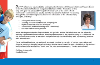 Our 44  th
          school year was marked by an important milestone with the accreditation of Havern School
by the Association of Colorado Independent Schools (ACIS). Realization of this
long term goal was achieved through the focused work of the entire school
community – administrators, faculty, parents, trustees and students! The journey
through the accreditation process allowed for celebration of the school’s many
strengths, including:

   •   A long and stable history
   •   A strong and consistent mission and program
   •   Highly skilled teachers and therapists
   •   A supportive and committed parent community
   •   Our debt free ﬁnancial position

While we are proud of these ﬁne attributes, our greatest reasons for celebration are the successful
learning experiences of our students. Nothing can compare to the joy of listening as a child reads for
the ﬁrst time or watching as a student navigates her way up the climbing wall, overcoming personal
fears and obstacles.

These joyful celebrations, big and small, are made possible by the gifts of energy, time, talent and
ﬁnancial resources given by many friends and benefactors of Havern School. On behalf of the students
and teachers I offer a collective “thank you” for your generous support. You are appreciated!

Cathleen Pasquariello
Head of School



                                                                                                    2
 