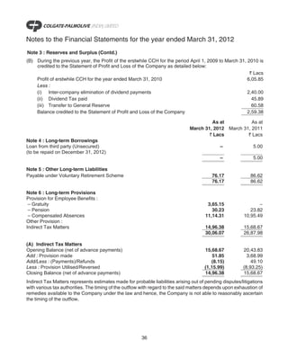 Notes to the Financial Statements for the year ended March 31, 2012
Note 3 : Reserves and Surplus (Contd.)
(B) During the previous year, the Profit of the erstwhile CCH for the period April 1, 2009 to March 31, 2010 is
    credited to the Statement of Profit and Loss of the Company as detailed below:
                                                                                                         ` Lacs
    Profit of erstwhile CCH for the year ended March 31, 2010                                           6,05.85
    Less :
    (i) Inter-company elimination of dividend payments                                                  2,40.00
    (ii) Dividend Tax paid                                                                                45.89
    (iii) Transfer to General Reserve                                                                     60.58
    Balance credited to the Statement of Profit and Loss of the Company                                 2,59.38

                                                                                        As at           As at
                                                                               March 31, 2012 March 31, 2011
                                                                                       ` Lacs         ` Lacs
Note 4 : Long-term Borrowings
Loan from third party (Unsecured)                                                             –               5.00
(to be repaid on December 31, 2012)
                                                                                              –               5.00

Note 5 : Other Long-term Liabilities
Payable under Voluntary Retirement Scheme                                                 76.17              86.62
                                                                                          76.17              86.62

Note 6 : Long-term Provisions
Provision for Employee Benefits :
 – Gratuity                                                                             3,65.15                 –
 – Pension                                                                                30.23             23.82
 – Compensated Absences                                                                11,14.31          10,95.49
Other Provision :
Indirect Tax Matters                                                                   14,96.38          15,68.67
                                                                                       30,06.07          26,87.98

(A) Indirect Tax Matters
Opening Balance (net of advance payments)                                             15,68.67           20,43.83
Add : Provision made                                                                      51.85            3,68.99
Add/Less : (Payments)/Refunds                                                            (8.15)              49.10
Less : Provision Utilised/Reversed                                                    (1,15.99)          (8,93.25)
Closing Balance (net of advance payments)                                             14,96.38           15,68.67
Indirect Tax Matters represents estimates made for probable liabilities arising out of pending disputes/litigations
with various tax authorities. The timing of the outflow with regard to the said matters depends upon exhaustion of
remedies available to the Company under the law and hence, the Company is not able to reasonably ascertain
the timing of the outflow.




                                                        36
 