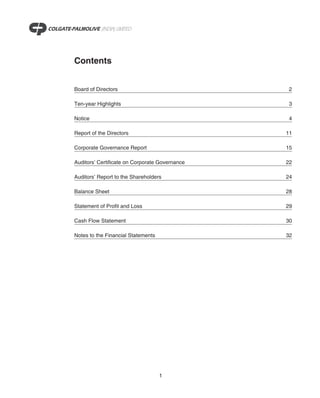 Contents


Board of Directors                               2

Ten-year Highlights                              3

Notice                                           4

Report of the Directors                         11

Corporate Governance Report                     15

Auditors’ Certificate on Corporate Governance   22

Auditors’ Report to the Shareholders            24

Balance Sheet                                   28

Statement of Profit and Loss                    29

Cash Flow Statement                             30

Notes to the Financial Statements               32




                                    1
 