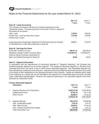 Notes to the Financial Statements for the year ended March 31, 2012

                                                                                      2011-12           2010-11
                                                                                       ` Lacs            ` Lacs
Note 29 : Lease Accounting
The Company has leased vehicles and computer equipments under
“Operating Leases”. The lease payments to be made in future in respect of
the leases are as follows :
Upto 1 year                                                                            3,48.67           2,82.28
Greater than 1 year but less than 5 years                                              3,73.89           1,64.68
Greater than 5 years                                                                         –                 –

Lease payments recognised in Statement of Profit and Loss are included                 5,33.11           5,32.65
in “Miscellaneous” under Other Expenses in Note 28.

Note 30 : Earnings Per Share
Profit After Taxation (` Lacs)                                                      446,47.13         402,58.33
Weighted average number of shares (Nos.)                                         13,59,92,817      13,59,92,817
Nominal Values of shares outstanding (`)                                                    1                 1
Basic and Diluted Earnings Per Share (`)                                                32.83             29.60


Note 31 : Segment Information
In accordance with the requirements of Accounting Standard-17 “Segment Reporting”, the Company has
identified Business Segment as its primary segment. The Company’s Business Segment is “Personal Care
(including Oral Care)” and hence it has no other primary reportable segments. Non Reportable Segment has
been disclosed as unallocated reconciling item. Segment revenue and Segment expenses have been accounted
on the basis of their relationship to the operating activities of the Company. Assets and liabilities which relate
to the enterprise as a whole and are not allocable to the segment on a reasonable basis have been included
under unallocated assets/liabilities. Revenue and expenses pertaining to non reportable segment have been
disclosed as unallocated results.

Primary Reportable Segment
    Particulars                                                                       2011-12            2010-11
                                                                                       ` Lacs             ` Lacs
1.   Segment Revenue from Operations                                               2,625,27.48       2,222,00.09
     Unallocated Income                                                               67,95.19          64,11.46
     Other Income                                                                     50,68.51          41,24.32
                                                                                   2,743,91.18       2,327,35.87

2.   Segment Results                                                                 535,43.70         476,83.68
     Add : Unallocated results                                                         3,78.16           3,47.97
     Add : Other Income                                                               50,68.51          41,24.32
     Less : Interest and Financial charges                                             1,51.28           1,61.12
     Total Profit before Tax                                                         588,39.09         519,94.85



                                                       50
 