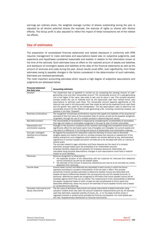 Telecom Italia Group
Consolidated Financial Statements
Note 2
Accounting policies 169
earnings per ordinary share, the weighted average number of shares outstanding during the year is
adjusted by all dilutive potential shares (for example, the exercise of rights on shares with dilutive
effects). The Group profit is also adjusted to reflect the impact of these transactions net of the related
tax effects.
Use of estimates
The preparation of consolidated financial statements and related disclosure in conformity with IFRS
requires management to make estimates and assumptions based also on subjective judgments, past
experience and hypotheses considered reasonable and realistic in relation to the information known at
the time of the estimate. Such estimates have an effect on the reported amount of assets and liabilities
and disclosure of contingent assets and liabilities at the date of the financial statements as well as the
amount of revenues and costs during the year. Actual results could differ, even significantly, from those
estimates owing to possible changes in the factors considered in the determination of such estimates.
Estimates are reviewed periodically.
The most important accounting estimates which require a high degree of subjective assumptions and
judgments are addressed below:
Financial statement
line item/area
Accounting estimates
Goodwill The impairment test on goodwill is carried out by comparing the carrying amount of cash-
generating units and their recoverable amount. The recoverable amount of a cash-generating
unit is the higher of fair value, less costs to sell, and its value in use. This complex valuation
process entails the use of methods such as the discounted cash flow method which uses
assumptions to estimate cash flows. The recoverable amount depends significantly on the
discount rate used in the discounted cash flow model as well as the expected future cash flows
and the growth rate used for the extrapolation. The key assumptions used to determine the
recoverable amount for the different cash generating units, including a sensitivity analysis, are
detailed in the Note “Goodwill”.
Business combinations The recognition of business combinations requires that assets and liabilities of the acquiree be
recorded at their fair value at the acquisition date of control, as well as the possible recognition
of goodwill, through the use of a complex process in determining such values.
Bad debt provision The recoverability of receivables is measured by considering the uncollectibility of receivables,
their age and losses on receivables recognized in the past by type of similar receivables.
Depreciation and
amortization expense
Changes in the economic conditions of the markets, technology and competitive forces could
significantly affect the estimated useful lives of tangible and intangible non-current assets and
may lead to a difference in the timing and amount of depreciation and amortization expense.
Accruals, contingent
liabilities and employee
benefits
As regards the provisions for restoration costs the estimate of future costs to dismantle
tangible assets and restore the site is a complex process that requires an assessment of the
liability arising from such obligations which seldom are entirely defined by law, administrative
regulations or contract clauses and which normally are to be complied with after an interval of
several years.
The accruals related to legal, arbitration and fiscal disputes are the result of a complex
estimation process based upon the probability of an unfavorable outcome.
Employee benefits, especially the provision for employee severance indemnities, are
calculated using actuarial assumptions; changes in such assumptions could have a material
impact on such liabilities.
Revenues Revenue recognition is influenced by:
• the expected duration of the relationship with the customer for revenues from telephone
service activations (as well as the related costs);
• the estimate of the amount of discounts, allowances and returns to be recorded as a direct
deduction from revenues.
Income taxes Income taxes (current and deferred) are calculated in each country in which the Group
operates according to a prudent interpretation of the tax laws in effect. This process
sometimes involves complex estimates to determine taxable income and deductible and
taxable temporary differences between the carrying amounts and the taxable amounts. In
particular, deferred tax assets are recognized to the extent that future taxable income will be
available against which they can be utilized. The measurement of the recoverability of deferred
tax assets, recognized based on both unused tax loss carryforwards to future years and
deductible differences, takes into account the estimate of future taxable income and is based
on conservative tax planning.
Derivative instruments and
equity instruments
The fair value of derivative instruments and equity instruments is determined both using
valuation models which also take into account subjective measurements such as, for example,
cash flow estimates, expected volatility of prices, etc., or on the basis of either prices in
regulated markets or quoted prices provided by financial counterparts. For more details see
the note “Supplementary disclosures on financial instruments”.
 