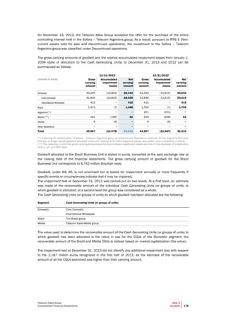 Telecom Italia Group
Consolidated Financial Statements
Note 4
Goodwill 178
On November 13, 2013, the Telecom Italia Group accepted the offer for the purchase of the entire
controlling interest held in the Sofora – Telecom Argentina group. As a result, pursuant to IFRS 5 (Non-
current assets held for sale and discontinued operations), the investment in the Sofora – Telecom
Argentina group was classified under Discontinued operations.
The gross carrying amounts of goodwill and the relative accumulated impairment losses from January 1,
2004 (date of allocation to the Cash Generating Units) to December 31, 2013 and 2012 can be
summarized as follows:
12/31/2013 12/31/2012
(millions of euros) Gross
carrying
amount
Accumulated
impairment
losses
Net
carrying
amount
Gross
carrying
amount
Accumulated
impairment
losses
Net
carrying
amount
Domestic 42,245 (13,802) 28,443 42,245 (11,615) 30,630
Core Domestic 41,830 (13,802) 28,028 41,830 (11,615) 30,215
International Wholesale 415 − 415 415 − 415
Brazil 1,475 (7) 1,468 1,766 (7) 1,759
Argentina (*) − − − 151 (151) −
Media (**) 181 (160) 21 229 (208) 21
Olivetti 6 (6) − 6 (6) −
Other Operations − − − − − −
Total 43,907 (13.975) 29,932 44,397 (11,987) 32,410
(*) Following the classification of Sofora – Telecom Argentina group as Discontinued Operations, amounts for the Argentina Business
Unit are no longer stated (goodwill allocated to the unit, totaling 979 million Argentine pesos, was written down completely in 2012).
(**) The reduction in both the gross carrying amount and the accumulated impairment losses was due to the disposals of investments
held in La7 and MTV Italia.
Goodwill allocated to the Brazil Business Unit is stated in euros, converted at the spot exchange rate at
the closing date of the financial statements. The gross carrying amount of goodwill for the Brazil
Business Unit corresponds to 4,742 million Brazilian reais.
Goodwill, under IAS 36, is not amortized but is tested for impairment annually or more frequently if
specific events or circumstances indicate that it may be impaired.
The impairment test at December 31, 2013 was carried out on two levels. At a first level, an estimate
was made of the recoverable amount of the individual Cash Generating Units (or groups of units) to
which goodwill is allocated; at a second level the group was considered as a whole.
The Cash Generating Units (or groups of units) to which goodwill has been allocated are the following:
Segment Cash Generating Units (or groups of units)
Domestic Core Domestic
International Wholesale
Brazil Tim Brasil group
Media Telecom Italia Media group
The value used to determine the recoverable amount of the Cash Generating Units (or groups of units) to
which goodwill has been allocated is the value in use for the CGUs of the Domestic segment; the
recoverable amount of the Brazil and Media CGUs is instead based on market capitalization (fair value).
The impairment test at December 31, 2013 did not identify any additional impairment loss with respect
to the 2,187 million euros recognized in the first half of 2013, as the estimate of the recoverable
amount of all the CGUs examined was higher than their carrying amount.
 