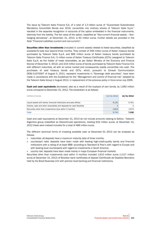 Telecom Italia Group
Consolidated Financial Statements
Note 8
Financial assets (non-current and current) 191
The issue by Telecom Italia Finance S.A. of a total of 1.3 billion euros of “Guaranteed Subordinated
Mandatory Convertible Bonds due 2016, convertible into ordinary shares of Telecom Italia S.p.A.”
resulted in the separate recognition in accounts of the option embedded in the financial instruments,
distinctly from the liability. The fair value of the option, classified as “Non-current financial assets – Non-
hedging derivatives”, at December 31, 2013, is 63 million euros. Further details are provided in the
Note “Financial Liabilities (current and non-current)”.
Securities other than investments (included in current assets) related to listed securities, classified as
available-for-sale due beyond three months. They consist of 258 million euros of Italian treasury bonds
purchased by Telecom Italia S.p.A. and 866 million euros of Italian treasury bonds purchased by
Telecom Italia Finance S.A.; 5 million euros of Italian Treasury Certificates (CCTs) (assigned to Telecom
Italia S.p.A. as the holder of trade receivables, as per Italian Ministry of the Economy and Finance
Decree of December 3, 2012); and 219 million euros of bonds purchased by Telecom Italia Finance S.A.
with different maturities, all with an active market and consequently readily convertible into cash. The
purchases of said treasury bonds and CCTs, which, pursuant to Consob Communication
DEM/11070007 of August 5, 2011, represent investments in “Sovereign debt securities”, have been
made in accordance with the Guidelines for the “Management and control of financial risk” adopted by
the Telecom Italia Group in August 2012, in replacement of the previous policy in force since July 2009.
Cash and cash equivalents decreased, also as a result of the buyback of own bonds, by 1,692 million
euros compared to December 31, 2012. The breakdown is as follows:
(millions of euros) 12/31/2013 12/31/2012
Liquid assets with banks, financial institutions and post offices 4,131 5,761
Checks, cash and other receivables and deposits for cash flexibility 1 2
Securities other than investments (due within 3 months) 1,612 1,673
Total 5,744 7,436
Cash and cash equivalents at December 31, 2013 do not include amounts relating to Sofora - Telecom
Argentina group (classified as Discontinued operations), totaling 616 million euros; at December 31,
2012 these were instead included for a total of 489 million euros.
The different technical forms of investing available cash at December 31, 2013 can be analyzed as
follows:
• maturities: all deposits have a maximum maturity date of three months;
• counterpart risks: deposits have been made with leading high-credit-quality banks and financial
institutions with a rating of at least BBB- according to Standard & Poor’s with regard to Europe and
with leading local counterparts with regard to investments in South America;
• country risk: deposits have been made mainly in major European financial markets.
Securities other than investments (due within 3 months) included 1,610 million euros (1,517 million
euros at December 31, 2012) of Brazilian bank certificates of deposit (Certificado de Depósito Bancário)
held by the Brazil Business Unit with premier local banking and financial institutions.
 