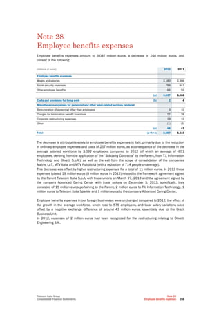 Telecom Italia Group
Consolidated Financial Statements
Note 28
Employee benefits expenses 258
Note 28
Employee benefits expenses
Employee benefits expenses amount to 3,087 million euros, a decrease of 246 million euros, and
consist of the following:
(millions of euros) 2013 2012
Employee benefits expenses
Wages and salaries 2,183 2,386
Social security expenses 788 847
Other employee benefits 66 55
(a) 3,037 3,288
Costs and provisions for temp work (b) 2 4
Miscellaneous expenses for personnel and other labor-related services rendered
Remuneration of personnel other than employees 3 10
Charges for termination benefit incentives 27 26
Corporate restructuring expenses 19 10
Other (1) (5)
(c) 48 41
Total (a+b+c) 3,087 3,333
The decrease is attributable solely to employee benefits expenses in Italy, primarily due to the reduction
in ordinary employee expenses and costs of 257 million euros, as a consequence of the decrease in the
average salaried workforce by 3,092 employees compared to 2012 (of which an average of -851
employees, deriving from the application of the “Solidarity Contracts” by the Parent, from T.I. Information
Technology and Olivetti S.p.A.), as well as the exit from the scope of consolidation of the companies
Matrix, La7, MTV Italia and MTV Pubblicità (with a reduction of 714 people on average).
This decrease was offset by higher restructuring expenses for a total of 11 million euros. In 2013 these
expenses totaled 19 million euros (8 million euros in 2012) related to the framework agreement signed
by the Parent Telecom Italia S.p.A. with trade unions on March 27, 2013 and the agreement signed by
the company Advanced Caring Center with trade unions on December 5, 2013; specifically, they
consisted of 15 million euros pertaining to the Parent, 2 million euros to T.I. Information Technology, 1
million euros to Telecom Italia Sparkle and 1 million euros to the company Advanced Caring Center.
Employee benefits expenses in our foreign businesses were unchanged compared to 2012; the effect of
the growth in the average workforce, which rose to 575 employees, and local salary variations were
offset by a negative exchange difference of around 43 million euros, essentially due to the Brazil
Business Unit.
In 2012, expenses of 2 million euros had been recognized for the restructuring relating to Olivetti
Engineering S.A..
 