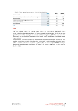 Telecom Italia Group
Report on Operations
Financial and Operating Highlights –
The Business Units of the Telecom Italia Group
Domestic Business Unit
25
Details of other operating expenses are shown in the table below:
(millions of euros)
2013 2012 Change
Write-downs and expenses in connection with credit management 286 370 (84)
Provision charges 13 92 (79)
Telecommunications operating fees and charges 57 59 (2)
Indirect duties and taxes 103 103 -
Sundry expenses 203 75 128
Total 662 699 (37)
EBIT
EBIT came to 1,993 million euros in 2013, up 915 million euros compared with 2012 (1,078 million
euros). This performance was the result of the events illustrated above relating to EBITDA, as well as a
goodwill impairment loss referring to the Domestic Cash Generating Unit 2,187 million euros lower than
the figure in the 2012 financial statements (4,016 million euros), on the basis of the results of the
impairment test.
In organic terms, calculated excluding the aforementioned goodwill impairment loss, in particular, EBIT
stood at 4,395 million euros in 2013, down 829 million euros (-15.9%) compared with 2012 (5,224
million euros). This performance was almost fully the result of the trend in organic EBITDA and a slight
reduction in depreciation and amortization. The organic EBIT margin is down from 29.2% in 2012 to
27.1% in 2013.
 