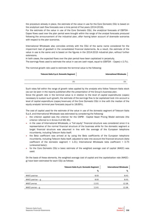Telecom Italia S.p.A.
Separate Financial Statements
Note 3
Goodwill 336
the procedure already in place, the estimate of the value in use for the Core Domestic CGU is based on
the analytical cash flow forecasts over a time period of five years (2014-2018).
For the estimate of the value in use of the Core Domestic CGU, the analytical forecasts of EBITDA -
Capex flows used over the plan period were brought within the range of the analyst forecasts produced
following the announcement of the industrial plan, after having taken account of downside scenarios
with respect to the plan scenarios.
International Wholesale also coincides entirely with the CGU of the same name considered for the
impairment test of goodwill in the consolidated financial statements. As a result, the estimate of the
value in use is the same and is based on the figures in the 2014-2016 industrial plan, without further
extensions.
In both cases, the expected flows over the plan period have been capitalized in perpetuity.
The earnings flows used to estimate the value in use are cash nopat, equal to (EBITDA – Capex) x (1-Tc).
The nominal growth rate used to estimate the terminal value is the following:
Telecom Italia S.p.A. Domestic Segment International Wholesale
0% 0%
Such rates fall within the range of growth rates applied by the analysts who follow Telecom Italia stock
(as can be seen in the reports published after the presentation of the Group’s business plan.
Since the growth rate in the terminal value is in relation to the level of capital expenditures (capex)
necessary to sustain such growth, the estimate of the earnings flow to be capitalized took into account a
level of capital expenditure (capex/revenues) of the Core Domestic CGU in line with the median of the
equity analysts' terminal year forecasts (equal to 18.69%).
The cost of capital used for the estimate of the value in use of the domestic segment of Telecom Italia
S.p.A. and International Wholesale was estimated by considering the following:
• the criterion applied was the criterion for the CAPM - Capital Asset Pricing Model estimate (the
criterion referred to in Annex A of IAS 36);
• in the case of International Wholesale, a “full equity” financial structure was considered since it is
representative of the normal financial structure of the business while for the domestic segment a
target financial structure was assumed in line with the average of the European telephone
incumbents, including Telecom Italia itself;
• the Beta coefficient was arrived at by using the Beta coefficients of the European telephone
incumbents, including Telecom Italia itself, adjusted to take into account the financial structure (beta
coefficient of the domestic segment = 1.31); International Wholesale beta coefficient = 0.75
(unlevered beta));
• for the Core Domestic CGU a basic estimate of the weighted average cost of capital (WACC) was
used.
On the basis of these elements, the weighted average cost of capital and the capitalization rate (WACC–
g) have been estimated for each CGU as follows:
Telecom Italia S.p.A. Domestic Segment International Wholesale
% %
WACC post-tax 8.00 8.43
WACC post-tax – g 8.00 8.43
WACC pre-tax 11.61 12.38
WACC pre-tax – g 11.61 12.38
 