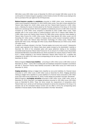 Telecom Italia S.p.A.
Separate Financial Statements
Note 14
Financial liabilities (non-current and current) 373
394 million euros (420 million euros at December 31, 2012) and included 106 million euros for the
current portion of medium/long-term payables to other lenders (of which 94 million euros relating to the
loan to purchase of the user rights for the LTE frequencies).
Medium/long-term payables to subsidiaries amounted to 6,683 million euros, decreasing 3,195
million euros compared to December 31, 2012 (9,878 million euros). They refer to loans obtained from
Telecom Italia Capital S.A. (5,422 million euros) and from Telecom Italia Finance S.A. (1,261 million
euros ), following the issues of bonds placed by the financial companies of the Group on the United
States and Luxembourg markets. Short-term payables to subsidiaries amount to 4,184 million euros and
increased by 1,704 million euros compared to December 31, 2012 (2,480 million euros). These
payables refer to the current portion of medium/long-term loans due to Telecom Italia Capital S.A.
(1,806 million euros) and Telecom Italia Finance S.A. (899 million euros), short-term loans payable to
Telecom Italia Finance S.A. (1,005 million euros), Telecom Italia Sparkle (90 million euros), and Ofi
Consulting (31 million euros), in addition to treasury service current account transactions settled at
market rates mainly with Telecom Italia Information Technology (73 million euros), Telecom Italia
Sparkle (68 million euros), Telenergia (30 million euros), Olivetti Multiservices (21 million euros), Olivetti
(14 million euros).
In addition, as already indicated in the Note “Financial assets (non-current and current)”, following the
transfer (upon approval of the Telecom Italia share capital increase by the shareholders' meeting on
December 20, 2013) of the embedded option with equity settlement relating to the mandatory
convertible bonds issued by Telecom Italia Finance S.A. for an amount of 1.3 billion euros (“Guaranteed
Subordinated Mandatory Convertible Bonds due 2016 convertible into ordinary shares of Telecom Italia
S.p.A.”), initially recognized in the financial statements Telecom Italia Finance S.A., a payable was
recognized to the latter of 92 million euros corresponding to the fair value of the option at the date of
December 20, 2013.
Medium/long-term finance lease liabilities – amounting to 1,001 million euros (1,158 million euros at
December 31, 2012) – mainly refer to building sale and leaseback transactions recorded in accordance
with IAS 17. Short-term finance lease liabilities amounted to 188 million euros (217 million euros at
December 31, 2012).
Hedging derivatives relating to hedged items classified as non-current liabilities of a financial nature
amounted to 1,674 million euros (2,183 million euros at December 31, 2012). Hedging derivatives
relating to hedged items classified as current liabilities of a financial nature amounted to 205 million
euros (322 million euros at December 31, 2012). Further details are provided in the Note “Derivatives”.
Medium/long-term non-hedging derivatives amounted to 863 million euros (1,662 million euros at
December 31, 2012). Short-term non-hedging derivatives amounted to 126 million euros (159 million
euros at December 31, 2012). These line items include the measurement of transactions which
Telecom Italia S.p.A. carries out with banking counterparts to service the companies of the Group in its
exclusive role as the centralized treasury function and are offset in full by the corresponding items
classified in financial assets. Further details are provided in the Note “Derivatives”.
 