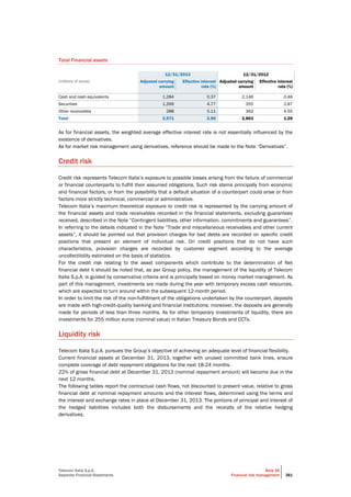 Telecom Italia S.p.A.
Separate Financial Statements
Note 16
Financial risk management 381
Total Financial assets
12/31/2013 12/31/2012
(millions of euros) Adjusted carrying
amount
Effective interest
rate (%)
Adjusted carrying
amount
Effective interest
rate (%)
Cash and cash equivalents 1,284 0.37 2,146 0.46
Securities 1,399 4.77 355 2.87
Other receivables 288 5.11 362 4.55
Total 2,971 2.90 2,863 1.28
As for financial assets, the weighted average effective interest rate is not essentially influenced by the
existence of derivatives.
As for market risk management using derivatives, reference should be made to the Note “Derivatives”.
Credit risk
Credit risk represents Telecom Italia’s exposure to possible losses arising from the failure of commercial
or financial counterparts to fulfill their assumed obligations. Such risk stems principally from economic
and financial factors, or from the possibility that a default situation of a counterpart could arise or from
factors more strictly technical, commercial or administrative.
Telecom Italia’s maximum theoretical exposure to credit risk is represented by the carrying amount of
the financial assets and trade receivables recorded in the financial statements, excluding guarantees
received, described in the Note “Contingent liabilities, other information, commitments and guarantees”.
In referring to the details indicated in the Note “Trade and miscellaneous receivables and other current
assets”, it should be pointed out that provision charges for bad debts are recorded on specific credit
positions that present an element of individual risk. On credit positions that do not have such
characteristics, provision charges are recorded by customer segment according to the average
uncollectibility estimated on the basis of statistics.
For the credit risk relating to the asset components which contribute to the determination of Net
financial debt it should be noted that, as per Group policy, the management of the liquidity of Telecom
Italia S.p.A. is guided by conservative criteria and is principally based on money market management. As
part of this management, investments are made during the year with temporary excess cash resources,
which are expected to turn around within the subsequent 12-month period.
In order to limit the risk of the non-fulfillment of the obligations undertaken by the counterpart, deposits
are made with high-credit-quality banking and financial institutions; moreover, the deposits are generally
made for periods of less than three months. As for other temporary investments of liquidity, there are
investments for 255 million euros (nominal value) in Italian Treasury Bonds and CCTs.
Liquidity risk
Telecom Italia S.p.A. pursues the Group’s objective of achieving an adequate level of financial flexibility.
Current financial assets at December 31, 2013, together with unused committed bank lines, ensure
complete coverage of debt repayment obligations for the next 18-24 months.
22% of gross financial debt at December 31, 2013 (nominal repayment amount) will become due in the
next 12 months.
The following tables report the contractual cash flows, not discounted to present value, relative to gross
financial debt at nominal repayment amounts and the interest flows, determined using the terms and
the interest and exchange rates in place at December 31, 2013. The portions of principal and interest of
the hedged liabilities includes both the disbursements and the receipts of the relative hedging
derivatives.
 