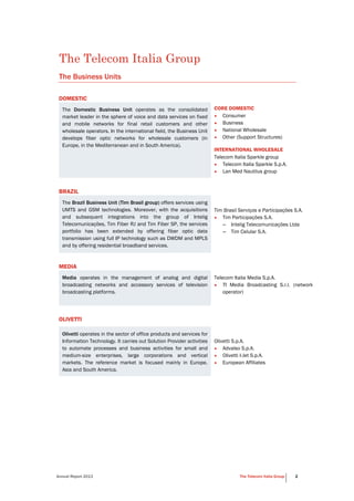 Annual Report 2013 The Telecom Italia Group 2
The Telecom Italia Group
The Business Units
DOMESTIC
The Domestic Business Unit operates as the consolidated
market leader in the sphere of voice and data services on fixed
and mobile networks for final retail customers and other
wholesale operators. In the international field, the Business Unit
develops fiber optic networks for wholesale customers (in
Europe, in the Mediterranean and in South America).
CORE DOMESTIC
• Consumer
• Business
• National Wholesale
• Other (Support Structures)
INTERNATIONAL WHOLESALE
Telecom Italia Sparkle group
• Telecom Italia Sparkle S.p.A.
• Lan Med Nautilus group
BRAZIL
The Brazil Business Unit (Tim Brasil group) offers services using
UMTS and GSM technologies. Moreover, with the acquisitions
and subsequent integrations into the group of Intelig
Telecomunicações, Tim Fiber RJ and Tim Fiber SP, the services
portfolio has been extended by offering fiber optic data
transmission using full IP technology such as DWDM and MPLS
and by offering residential broadband services.
Tim Brasil Serviços e Participações S.A.
• Tim Participações S.A.
– Intelig Telecomunicações Ltda
– Tim Celular S.A.
MEDIA
Media operates in the management of analog and digital
broadcasting networks and accessory services of television
broadcasting platforms.
Telecom Italia Media S.p.A.
• TI Media Broadcasting S.r.l. (network
operator)
OLIVETTI
Olivetti operates in the sector of office products and services for
Information Technology. It carries out Solution Provider activities
to automate processes and business activities for small and
medium-size enterprises, large corporations and vertical
markets. The reference market is focused mainly in Europe,
Asia and South America.
Olivetti S.p.A.
• Advalso S.p.A.
• Olivetti I-Jet S.p.A.
• European Affiliates
 