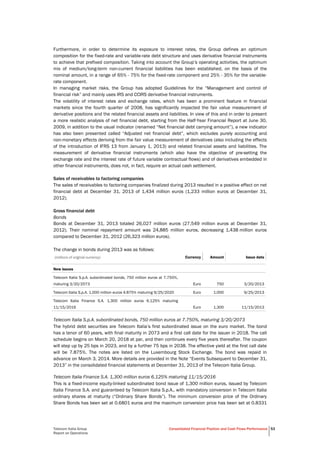  
Telecom Italia Group
Report on Operations
Consolidated Financial Position and Cash Flows Performance 53
Furthermore, in order to determine its exposure to interest rates, the Group defines an optimum
composition for the fixed-rate and variable-rate debt structure and uses derivative financial instruments
to achieve that prefixed composition. Taking into account the Group’s operating activities, the optimum
mix of medium/long-term non-current financial liabilities has been established, on the basis of the
nominal amount, in a range of 65% - 75% for the fixed-rate component and 25% - 35% for the variable-
rate component.
In managing market risks, the Group has adopted Guidelines for the “Management and control of
financial risk” and mainly uses IRS and CCIRS derivative financial instruments.
The volatility of interest rates and exchange rates, which has been a prominent feature in financial
markets since the fourth quarter of 2008, has significantly impacted the fair value measurement of
derivative positions and the related financial assets and liabilities. In view of this and in order to present
a more realistic analysis of net financial debt, starting from the Half-Year Financial Report at June 30,
2009, in addition to the usual indicator (renamed “Net financial debt carrying amount”), a new indicator
has also been presented called “Adjusted net financial debt”, which excludes purely accounting and
non-monetary effects deriving from the fair value measurement of derivatives (also including the effects
of the introduction of IFRS 13 from January 1, 2013) and related financial assets and liabilities. The
measurement of derivative financial instruments (which also have the objective of pre-setting the
exchange rate and the interest rate of future variable contractual flows) and of derivatives embedded in
other financial instruments, does not, in fact, require an actual cash settlement.
Sales of receivables to factoring companies
The sales of receivables to factoring companies finalized during 2013 resulted in a positive effect on net
financial debt at December 31, 2013 of 1,434 million euros (1,233 million euros at December 31,
2012).
Gross financial debt
Bonds
Bonds at December 31, 2013 totaled 26,027 million euros (27,549 million euros at December 31,
2012). Their nominal repayment amount was 24,885 million euros, decreasing 1,438 million euros
compared to December 31, 2012 (26,323 million euros).
The change in bonds during 2013 was as follows:
(millions of original currency) Currency Amount Issue date
New issues
Telecom Italia S.p.A. subordinated bonds, 750 million euros at 7.750%,
maturing 3/20/2073 Euro 750 3/20/2013
Telecom Italia S.p.A. 1,000 million euros 4.875% maturing 9/25/2020 Euro 1,000 9/25/2013
Telecom Italia Finance S.A. 1,300 million euros 6.125% maturing
11/15/2016 Euro 1,300 11/15/2013
Telecom Italia S.p.A. subordinated bonds, 750 million euros at 7.750%, maturing 3/20/2073
The hybrid debt securities are Telecom Italia’s first subordinated issue on the euro market. The bond
has a tenor of 60 years, with final maturity in 2073 and a first call date for the issuer in 2018. The call
schedule begins on March 20, 2018 at par, and then continues every five years thereafter. The coupon
will step up by 25 bps in 2023, and by a further 75 bps in 2038. The effective yield at the first call date
will be 7.875%. The notes are listed on the Luxembourg Stock Exchange. The bond was repaid in
advance on March 3, 2014. More details are provided in the Note “Events Subsequent to December 31,
2013” in the consolidated financial statements at December 31, 2013 of the Telecom Italia Group.
Telecom Italia Finance S.A. 1,300 million euros 6.125% maturing 11/15/2016
This is a fixed-income equity-linked subordinated bond issue of 1,300 million euros, issued by Telecom
Italia Finance S.A. and guaranteed by Telecom Italia S.p.A., with mandatory conversion in Telecom Italia
ordinary shares at maturity (“Ordinary Share Bonds”). The minimum conversion price of the Ordinary
Share Bonds has been set at 0.6801 euros and the maximum conversion price has been set at 0.8331
 