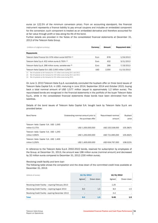  
Telecom Italia Group
Report on Operations
Consolidated Financial Position and Cash Flows Performance 54
euros (or 122.5% of the minimum conversion price). From an accounting standpoint, the financial
instrument represents a finance liability to pay annual coupons and includes an embedded component
for the conversion; such component is treated as an embedded derivative and therefore accounted for
at fair value through profit or loss along the life of the bond.
Further details are provided in the Notes of the consolidated financial statements at December 31,
2013 of the Telecom Italia Group.
(millions of original currency) Currency Amount Repayment date
Repayments
Telecom Italia Finance S.A. 678 million euros 6.875% (1) Euro 678 1/24/2013
Telecom Italia S.p.A. 432 million euros 6.750% (2) Euro 432 3/21/2013
Telecom Italia S.p.A. 268 million euros, variable-rate (3) Euro 268 7/19/2013
Telecom Italia Capital S.A. USD 2,000 million 5.250% USD 2,000 11/15/2013
(1) Net of buybacks by the Company for 172 million euros during 2011 and 2012.
(2) Net of buybacks by the Company for 218 million euros during 2011 and 2012.
(3) Net of buybacks by the Company for 232 million euros during 2012.
On June 3, 2013 Telecom Italia S.p.A. successfully concluded the buyback offer on three bond issues of
Telecom Italia Capital S.A. in USD, maturing in June 2014, September 2014 and October 2015, buying
back a total nominal amount of USD 1,577 million (equal to approximately 1.2 billion euros). The
repurchased bonds are recognized in the financial statements in the portfolio of the buyer Telecom Italia
S.p.A., while in the consolidated financial statements those bonds have been eliminated from the
liabilities.
Details of the bond issues of Telecom Italia Capital S.A. bought back by Telecom Italia S.p.A. are
provided below:
Bond Name Outstanding nominal amount prior to
the purchase offer
Repurchased nominal
amount
Buyback
price
Telecom Italia Capital S.A. USD 1,000
million 6.175% USD 1,000,000,000 USD 220,528,000 105.382%
Telecom Italia Capital S.A. USD 1,250
million 4.950% USD 1,250,000,000 USD 721,695,000 105.462%
Telecom Italia Capital S.A. USD 1,400
million 5.250% USD 1,400,000,000 USD 634,797,000 108.523%
In reference to the Telecom Italia S.p.A. 2002-2022 bonds, reserved for subscription by employees of
the Group, at December 31, 2013, the amount was 198 million euros (nominal amount) and decreased
by 32 million euros compared to December 31, 2012 (230 million euros).
Revolving credit facility and term loan
The following table shows the composition and the draw down of the committed credit lines available at
December 31, 2013:
(billions of euros) 12/31/2013 12/31/2012
Agreed Drawn down Agreed Drawn down
Revolving Credit Facility – expiring February 2013 - - 1.25 -
Revolving Credit Facility – expiring August 2014 8.0 1.5 8.0 1.5
Revolving Credit Facility - expiring December 2013 - - 0.2 -
Total 8.0 1.5 9.45 1.5
 