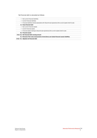 Telecom Italia Group
Report on Operations
Alternative Performance Measures 77
Net financial debt is calculated as follows:
+ Non-current financial liabilities
+ Current financial liabilities
+ Financial liabilities directly associated with Discontinued operations/Non-current assets held for sale
A) Gross financial debt
+ Non-current financial assets
+ Current financial assets
+ Financial assets relating to Discontinued operations/Non-current assets held for sale
B) Financial assets
C=(A - B) Net financial debt carrying amount
D) Reversal of fair value measurement of derivatives and related financial assets/liabilities
E=(C + D) Adjusted net financial debt
 