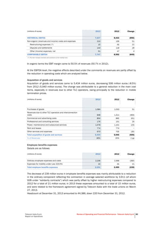 Telecom Italia S.p.A.
Report on Operations
Review of Operating and Financial Performance - Telecom Italia S.p.A. 80
(millions of euros) 2013 2012 Change
HISTORICAL EBITDA 7,537 8,433 (896)
Non-organic (revenues and income) costs and expenses 210 159 51
Restructuring expenses (*) 15 (6) 21
Disputes and settlements 144 118 26
Other (income) expenses, net 51 47 4
COMPARABLE EBITDA 7,747 8,592 (845)
(*) The item includes reversals and provisions to the mobility fund.
In organic terms the EBIT margin came to 50.5% of revenues (50.7% in 2012).
At the EBITDA level, the negative effects described under the comments on revenues are partly offset by
the reduction in operating costs which are analyzed below.
Acquisition of goods and services
Acquisition of goods and services came to 5,434 million euros, decreasing 506 million euros (-8.5%)
from 2012 (5,940 million euros). The change was attributable to a general reduction in the main cost
items, especially in revenues due to other TLC operators, owing principally to the reduction in mobile
termination prices.
(millions of euros) 2013 2012 Change
Purchases of goods 1,084 1,033 51
Revenues due to other TLC operators and interconnection
costs 848 1,311 (463)
Commercial and advertising costs 804 865 (61)
Professional and consulting services 176 151 25
Power, maintenance and outsourced services 1,078 1,101 (23)
Rent and leases 774 774 −
Other services and expenses 670 705 (35)
Total acquisition of goods and services 5,434 5,940 (506)
% of Revenues 36% 35% 1 pp
Employee benefits expenses
Details are as follows:
(millions of euros) 2013 2012 Change
Ordinary employee expenses and costs 2,236 2,496 (260)
Expenses for mobility under Law 223/91 15 (6) 21
Total employee benefits expenses 2,251 2,490 (239)
The decrease of 239 million euros in employee benefits expenses was mainly attributable to a reduction
in the ordinary component reflecting the contraction in average salaried workforce by 3,911 (of whom
928 under “solidarity contracts”) which was partly offset by higher restructuring expenses compared to
2012 for a total of 21 million euros; in 2013 these expenses amounted to a total of 15 million euros,
and were related to the framework agreement signed by Telecom Italia with the trade unions on March
27, 2013.
Headcount at December 31, 2013 amounted to 44,386, down 220 from December 31, 2012.
 