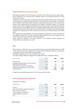 Telecom Italia S.p.A.
Report on Operations
Review of Operating and Financial Performance - Telecom Italia S.p.A. 82
Impairment losses on non-current assets
Net impairment losses on non-current assets amounted to 2,187 million euros (4,017 million euros in
2012) resulting from the impairment loss on goodwill related to the Domestic Business Unit (4,016
million euros in 2012).
In particular in the first half of 2013, the Company performed a goodwill impairment test and the results
of this testing led to a goodwill impairment loss of 2,187 million euros. This valuation, in compliance
with the Telecom Italia Group's specific procedures, considered the deterioration of the macroeconomic
situation, both in general terms, with reference to the outlook for the Italian economy, and in specific
terms, in relation to the management's expectations of the forecast impact, on the entire year 2013 and
coming years, of the recent AGCom decisions on wholesale copper network access rates, as well as the
commercial performance of the Company in the first half of 2013. The valuation also considered analyst
forecasts of the expected performance, as well as the performance of financial indicators and interest
rates.
The impairment test was repeated for the financial statements at December 31, 2013 on the basis of
the updated Industrial Plan; no further impairment losses resulted form such test compared to the
2,187 million euros already recognized in the first half of 2013.
Further details are provided in the Note “Goodwill” in the separate financial statements of
Telecom Italia S.p.A. at December 31, 2013.
EBIT
EBIT amounted to 1,878 million euros, increasing 934 million euros from 2012 (944 million euros). EBIT
in both 2013 and 2012 was impacted by the above-mentioned goodwill impairment, amounting to
2,187 million euros and 4,016 million euros respectively.
The EBITDA margin was up from 5.6% in 2012 to 12.3% in 2013.
The organic change in EBIT was a negative 15.9% (-808 million euros), calculated as follows:
(millions of euros) 2013 2012 Change
HISTORICAL EBIT 1,878 944 934
Non-organic (revenues and income) costs and expenses
already described under EBITDA 210 159 51
Gains (losses) on disposals of non-current assets − (36) 36
Impairment losses (reversals) on non-current assets 2,187 4,016 (1,829)
COMPARABLE EBIT 4,275 5,083 (808)
In organic terms the EBIT margin came to 27.9% of revenues (30% in 2012).
Income (expenses) from investments
The details are as follows:
(millions of euros) 2013 2012 Change
Dividends 104 132 (28)
Other income and gains on disposals of investments 1 10 (9)
Other income from investments 2 − 2
Impairment losses on financial assets (180) (104) (76)
Losses on disposals of investments − (2) 2
Total (73) 36 (109)
 