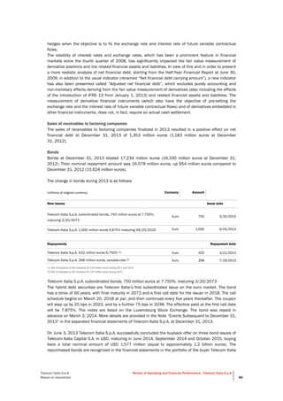  
Telecom Italia S.p.A.
Report on Operations
Review of Operating and Financial Performance - Telecom Italia S.p.A.
. 89
hedges when the objective is to fix the exchange rate and interest rate of future variable contractual
flows.
The volatility of interest rates and exchange rates, which has been a prominent feature in financial
markets since the fourth quarter of 2008, has significantly impacted the fair value measurement of
derivative positions and the related financial assets and liabilities. In view of this and in order to present
a more realistic analysis of net financial debt, starting from the Half-Year Financial Report at June 30,
2009, in addition to the usual indicator (renamed “Net financial debt carrying amount”), a new indicator
has also been presented called “Adjusted net financial debt”, which excludes purely accounting and
non-monetary effects deriving from the fair value measurement of derivatives (also including the effects
of the introduction of IFRS 13 from January 1, 2013) and related financial assets and liabilities. The
measurement of derivative financial instruments (which also have the objective of pre-setting the
exchange rate and the interest rate of future variable contractual flows) and of derivatives embedded in
other financial instruments, does not, in fact, require an actual cash settlement.
Sales of receivables to factoring companies
The sales of receivables to factoring companies finalized in 2013 resulted in a positive effect on net
financial debt at December 31, 2013 of 1,353 million euros (1,183 million euros at December
31, 2012).
Bonds
Bonds at December 31, 2013 totaled 17,234 million euros (16,330 million euros at December 31,
2012). Their nominal repayment amount was 16,578 million euros, up 954 million euros compared to
December 31, 2012 (15,624 million euros).
The change in bonds during 2013 is as follows:
(millions of original currency) Currency Amount
   
New issues     Issue date
Telecom Italia S.p.A. subordinated bonds, 750 million euros at 7.750%,
maturing 3/20/2073
Euro 750 3/20/2013
Telecom Italia S.p.A. 1,000 million euros 4.875% maturing 09/25/2020 Euro 1,000 9/25/2013
   
Repayments   Repayment date
Telecom Italia S.p.A. 432 million euros 6.750% (1) Euro 432 3/21/2013
Telecom Italia S.p.A. 268 million euros, variable-rate (2) Euro 268 7/19/2013
(1) Net of buybacks by the Company for 218 million euros during 2011 and 2012.
(2) Net of buybacks by the Company for 232 million euros during 2012.
Telecom Italia S.p.A. subordinated bonds, 750 million euros at 7.750%, maturing 3/20/2073
The hybrid debt securities are Telecom Italia’s first subordinated issue on the euro market. The bond
has a tenor of 60 years, with final maturity in 2073 and a first call date for the issuer in 2018. The call
schedule begins on March 20, 2018 at par, and then continues every five years thereafter. The coupon
will step up by 25 bps in 2023, and by a further 75 bps in 2038. The effective yield at the first call date
will be 7.875%. The notes are listed on the Luxembourg Stock Exchange. The bond was repaid in
advance on March 3, 2014. More details are provided in the Note “Events Subsequent to December 31,
2013” in the separated financial statements of Telecom Italia S.p.A. at December 31, 2013.
On June 3, 2013 Telecom Italia S.p.A. successfully concluded the buyback offer on three bond issues of
Telecom Italia Capital S.A. in USD, maturing in June 2014, September 2014 and October 2015, buying
back a total nominal amount of USD 1,577 million (equal to approximately 1.2 billion euros). The
repurchased bonds are recognized in the financial statements in the portfolio of the buyer Telecom Italia
 