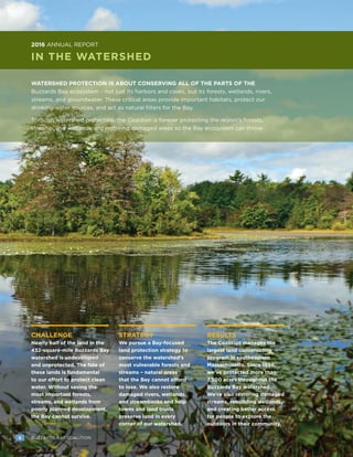 6 BUZZARDS BAY COALITION
IN THE WATERSHED
WATERSHED PROTECTION IS ABOUT CONSERVING ALL OF THE PARTS OF THE
Buzzards Bay ecosystem – not just its harbors and coves, but its forests, wetlands, rivers,
streams, and groundwater. These critical areas provide important habitats, protect our
drinking water sources, and act as natural filters for the Bay.
Through watershed protection, the Coalition is forever protecting the region’s forests,
streams, and wetlands and restoring damaged areas so the Bay ecosystem can thrive.
2016 ANNUAL REPORT
RESULTS
The Coalition manages the
largest land conservation
program in southeastern
Massachusetts. Since 1998,
we’ve protected more than
7,500 acres throughout the
Buzzards Bay watershed.
We’re also restoring damaged
streams, rebuilding wetlands,
and creating better access
for people to explore the
outdoors in their community.
6 BUZZARDS BAY COALITION
CHALLENGE
Nearly half of the land in the
432-square-mile Buzzards Bay
watershed is undeveloped
and unprotected. The fate of
these lands is fundamental
to our effort to protect clean
water. Without saving the
most important forests,
streams, and wetlands from
poorly planned development,
the Bay cannot survive.
STRATEGY
We pursue a Bay-focused
land protection strategy to
conserve the watershed’s
most vulnerable forests and
streams – natural areas
that the Bay cannot afford
to lose. We also restore
damaged rivers, wetlands,
and streambanks and help
towns and land trusts
preserve land in every
corner of our watershed.
 