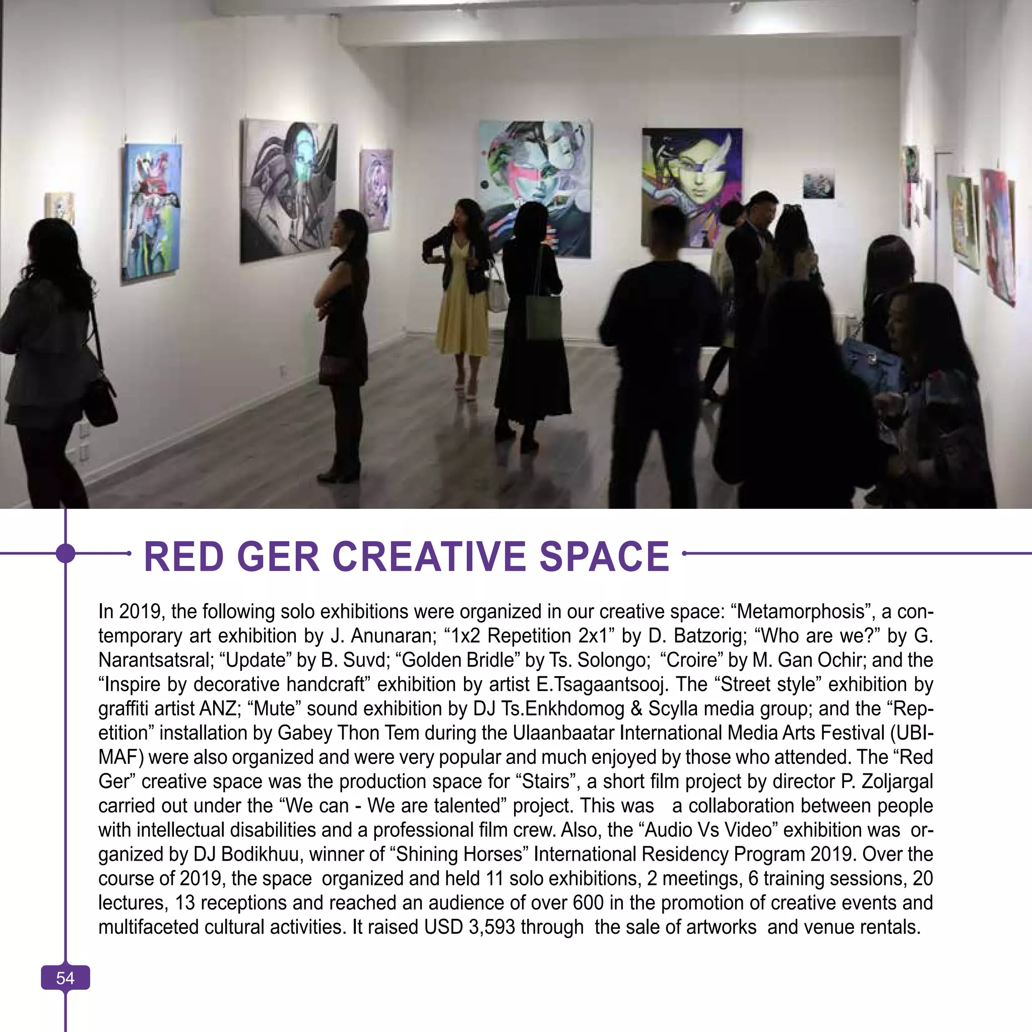 54
RED GER CREATIVE SPACE
In 2019, the following solo exhibitions were organized in our creative space: “Metamorphosis”, a con-
temporary art exhibition by J. Anunaran; “1x2 Repetition 2x1” by D. Batzorig; “Who are we?” by G.
Narantsatsral; “Update” by B. Suvd; “Golden Bridle” by Ts. Solongo; “Croire” by M. Gan Ochir; and the
“Inspire by decorative handcraft” exhibition by artist E.Tsagaantsooj. The “Street style” exhibition by
graffiti artist ANZ; “Mute” sound exhibition by DJ Ts.Enkhdomog & Scylla media group; and the “Rep-
etition” installation by Gabey Thon Tem during the Ulaanbaatar International Media Arts Festival (UBI-
MAF) were also organized and were very popular and much enjoyed by those who attended. The “Red
Ger” creative space was the production space for “Stairs”, a short film project by director P. Zoljargal
carried out under the “We can - We are talented” project. This was a collaboration between people
with intellectual disabilities and a professional film crew. Also, the “Audio Vs Video” exhibition was or-
ganized by DJ Bodikhuu, winner of “Shining Horses” International Residency Program 2019. Over the
course of 2019, the space organized and held 11 solo exhibitions, 2 meetings, 6 training sessions, 20
lectures, 13 receptions and reached an audience of over 600 in the promotion of creative events and
multifaceted cultural activities. It raised USD 3,593 through the sale of artworks and venue rentals.
54
 