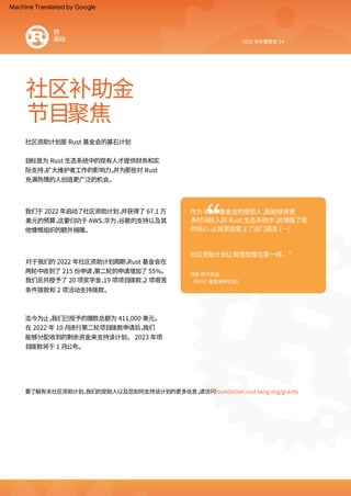 社区补助金
节目聚焦
锈
基础
要了解有关社区资助计划、
我们的受助人以及您如何支持该计划的更多信息，
请访问foundation.rust‑lang.org/grants
“
2022 年年度报告 14
乌兹·
阿卡亚兹
（RUST 基金会研究员）
社区资助计划是 Rust 基金会的基石计划
目标是为 Rust 生态系统中的现有人才提供财务和实
际支持，
扩大维护者工作的影响力，
并为那些对 Rust
充满热情的人创造更广泛的机会。
我们于 2022 年启动了社区资助计划，
并获得了 67.1 万
美元的预算，
这要归功于 AWS、
华为、
谷歌的支持以及其
他慷慨组织的额外捐赠。
对于我们的 2022 年社区资助计划周期，
Rust 基金会在
两轮中收到了 215 份申请，
第二轮的申请增加了 55%。
我们总共授予了 20 项奖学金、
19 项项目拨款、
2 项艰苦
条件拨款和 2 项活动支持拨款。
迄今为止，
我们已授予的赠款总额为 411,000 美元。
在 2022 年 10 月进行第二轮项目拨款申请后，
我们
能够分配收到的剩余资金来支持该计划。 2023 年项
目拨款将于 1 月公布。
作为 Rust 基金会的受助人，
我能够将更
多时间投入到 Rust 生态系统中，
这增强了我
的信心，
让我更加爱上了这门语言 [⋯]
社区资助计划让我感觉像在家一样。”
Machine Translated by Google
 