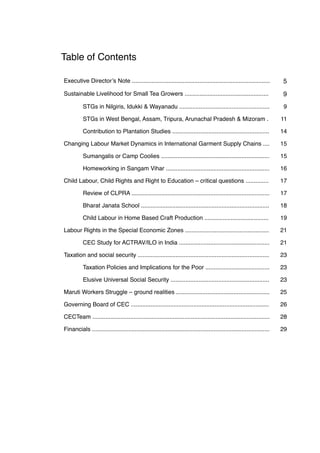 Table of Contents
Executive Director’s Note .................................................................................... 5
Sustainable Livelihood for Small Tea Growers ................................................... 9
! STGs in Nilgiris, Idukki & Wayanadu ....................................................... 9
! STGs in West Bengal, Assam, Tripura, Arunachal Pradesh & Mizoram . 11
! Contribution to Plantation Studies ........................................................... 14
Changing Labour Market Dynamics in International Garment Supply Chains .... 15
! Sumangalis or Camp Coolies .................................................................. 15
! Homeworking in Sangam Vihar ............................................................... 16
Child Labour, Child Rights and Right to Education – critical questions .............. 17
! Review of CLPRA .................................................................................... 17
! Bharat Janata School .............................................................................. 18
! Child Labour in Home Based Craft Production ....................................... 19
Labour Rights in the Special Economic Zones ................................................... 21
! CEC Study for ACTRAV/ILO in India ....................................................... 21
Taxation and social security ................................................................................ 23
! Taxation Policies and Implications for the Poor ....................................... 23
! Elusive Universal Social Security ............................................................ 23
Maruti Workers Struggle – ground realities ......................................................... 25
Governing Board of CEC .................................................................................... 26
CECTeam ............................................................................................................ 28
Financials ............................................................................................................ 29
 