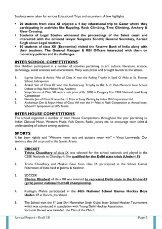 Annual Report – Draft 18 Page 5
Students were taken for various Educational Trips and excursions. A few highlights
 20 students from class XI enjoyed a 4 day educational trip to Gazar where they
participating in activities like Rappling, Rock Climbing, Tree Climbing, Archery &
River Crossing.
 Students of Legal Studies witnessed the proceedings of the Saket court and
interacted with the eminent lawyer Sangeeta Sondhi; General Secretary, Karnail
Singh about Legal matters.
 60 students of class XII (Economics) visited the Reserve Bank of India along with
their teachers. The General Manager & RBI Officers interacted with them on
monetary policies and its challenges.
INTER SCHOOL COMPETITIONS
Our children participated in a number of activities pertaining to art, culture, literature, science,
technology, social sciences and environment. Many won prizes and brought laurels to the school.
1. Supriya Sahoo & Anisha Pillai of Class X won the Rolling Trophy in Spell O’ Philo at St. Thomas
School, Indirapuram
2. Aniket Sen of Class IX won the Runners-up Trophy in the A. C. Deb Memorial Inter School
Debate at Raja Ram Mohan Roy, Academy
3. Vanya Verma of Class VIII won a cash prize of Rs. 3000 in Category II in CBSE National Level Essay
Competition
4. Nimisha Jain of Class IX won the 1st Prize in Essay Writing by Indian Oil Corporation Ltd.
5. Ayuhsmaan Dev & Nipun Mittal of Class VIII won the 1st Prize in Flash Competition at Annual Inter-
School IT Symposium at DPS, Noida
INTER HOUSE COMPETITIONS
The school organized a number of Inter House Competitions throughout the year pertaining to
Indian Classical Music, Western Music, Folk Dance, Radio Jockey etc. to encourage team spirit &
understanding of culture among students.
SPORTS
It has been rightly said “Winners never quit and quitters never win” – Vince Lomwarde. Our
students also did us proud in the Sports Arena.
1. CRICKET
Trisha Chaudhary of class IX was selected for the school nationals and played in the
CBSE Nationals at Chandigarh. She qualified for the Delhi state trials (Under-19)
2. Trisha Chuadhary and Muskan Gaur from class IX participated in the School Games
Federation of India held at Jammu & Kashmir.
3. SOCCER
Chetna Dhadwal of class XII was selected to represent Delhi state in the Under-18
(girls) junior national football championship.
4. Kushagra Mishra participated in the 60th National School Games Hockey Boys
Under-17 at Ranchi, Jharkhand.
5. The School won the 1st
Late Shri Manmohan Singh Gujral Inter School Hockey Tournament
which was conducted in association with Young Delhi Hockey Association.
Somansh Barwal was awarded, the Man of the Match.
 