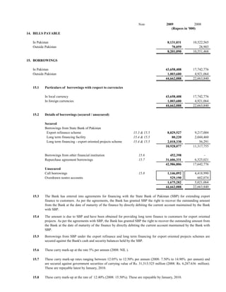 Note                2009              2008
                                                                                                   (Rupees in '000)
14. BILLS PAYABLE

   In Pakistan                                                                                   8,131,031         10,522,565
   Outside Pakistan                                                                                 70,059             28,903
                                                                                                 8,201,090         10,551,468

15. BORROWINGS

   In Pakistan                                                                                 43,658,408          17,742,776
   Outside Pakistan                                                                             1,003,680           4,921,064
                                                                                               44,662,088          22,663,840

   15.1    Particulars of borrowings with respect to currencies

           In local currency                                                                   43,658,408          17,742,776
           In foreign currencies                                                                1,003,680           4,921,064
                                                                                               44,662,088          22,663,840

   15.2    Details of borrowings (secured / unsecured)

           Secured
           Borrowings from State Bank of Pakistan
            Export refinance scheme                                      15.3 & 15.5            8,829,527           9,217,004
            Long term financing facility                                 15.4 & 15.5               80,220           2,044,460
            Long term financing - export oriented projects scheme        15.4 & 15.5            2,018,330              56,291
                                                                                               10,928,077          11,317,755

           Borrowings from other financial institution                      15.6                  452,398                 -
           Repurchase agreement borrowings                                  15.7               31,606,331           6,325,021
                                                                                               42,986,806          17,642,776
           Unsecured
           Call borrowings                                                  15.8                1,146,092           4,418,990
           Overdrawn nostro accounts                                                              529,190             602,074
                                                                                                1,675,282           5,021,064
                                                                                               44,662,088          22,663,840

   15.3    The Bank has entered into agreements for financing with the State Bank of Pakistan (SBP) for extending export
           finance to customers. As per the agreements, the Bank has granted SBP the right to recover the outstanding amount
           from the Bank at the date of maturity of the finance by directly debiting the current account maintained by the Bank
           with SBP.

   15.4    The amount is due to SBP and have been obtained for providing long term finance to customers for export oriented
           projects. As per the agreements with SBP, the Bank has granted SBP the right to recover the outstanding amount from
           the Bank at the date of maturity of the finance by directly debiting the current account maintained by the Bank with
           SBP.
   15.5    Borrowings from SBP under the export refinance and long term financing for export oriented projects schemes are
           secured against the Bank's cash and security balances held by the SBP.

   15.6    These carry mark-up at the rate 5% per annum (2008: NIL ).

   15.7    These carry mark-up rates ranging between 12.05% to 12.50% per annum (2008: 7.50% to 14.90% per annum) and
           are secured against government securities of carrying value of Rs. 31,513.525 million (2008: Rs. 6,287.636 million).
           These are repayable latest by January, 2010.

   15.8    These carry mark-up at the rate of 12.40% (2008: 15.50%). These are repayable by January, 2010.
 