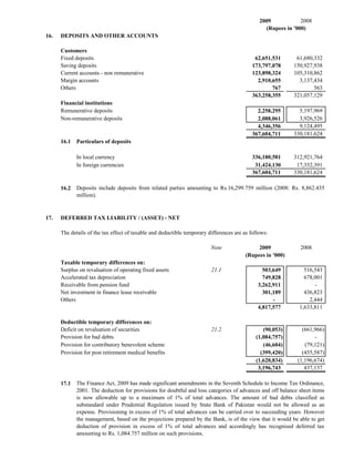 2009            2008
                                                                                                 (Rupees in '000)
16.   DEPOSITS AND OTHER ACCOUNTS

      Customers
      Fixed deposits                                                                         62,651,531      61,680,332
      Saving deposits                                                                       173,797,078     150,927,938
      Current accounts - non remunerative                                                   123,898,324     105,310,862
      Margin accounts                                                                         2,910,655       3,137,434
      Others                                                                                        767             563
                                                                                            363,258,355     321,057,129
      Financial institutions
      Remunerative deposits                                                                   2,258,295       5,197,969
      Non-remunerative deposits                                                               2,088,061       3,926,526
                                                                                              4,346,356       9,124,495
                                                                                            367,604,711     330,181,624
      16.1   Particulars of deposits

             In local currency                                                              336,180,581     312,921,764
             In foreign currencies                                                           31,424,130      17,352,391
                                                                                            367,604,711     330,181,624

      16.2   Deposits include deposits from related parties amounting to Rs.16,299.759 million (2008: Rs. 8,862.435
             million).


17.   DEFERRED TAX LIABILITY / (ASSET) - NET

      The details of the tax effect of taxable and deductible temporary differences are as follows:

                                                                         Note                 2009            2008
                                                                                         (Rupees in '000)
      Taxable temporary differences on:
      Surplus on revaluation of operating fixed assets                   21.1                   503,649         516,543
      Accelerated tax depreciation                                                              749,828         678,001
      Receivable from pension fund                                                            3,262,911             -
      Net investment in finance lease receivable                                                301,189         436,823
      Others                                                                                        -             2,444
                                                                                              4,817,577       1,633,811

      Deductible temporary differences on:
      Deficit on revaluation of securities                               21.2                   (90,053)       (661,966)
      Provision for bad debts                                                                (1,084,757)            -
      Provision for contributory benevolent scheme                                              (46,604)        (79,121)
      Provision for post retirement medical benefits                                           (399,420)       (455,587)
                                                                                             (1,620,834)     (1,196,674)
                                                                                              3,196,743         437,137

      17.1   The Finance Act, 2009 has made significant amendments in the Seventh Schedule to Income Tax Ordinance,
             2001. The deduction for provisions for doubtful and loss categories of advances and off balance sheet items
             is now allowable up to a maximum of 1% of total advances. The amount of bad debts classified as
             substandard under Prudential Regulation issued by State Bank of Pakistan would not be allowed as an
             expense. Provisioning in excess of 1% of total advances can be carried over to succeeding years. However
             the management, based on the projections prepared by the Bank, is of the view that it would be able to get
             deduction of provision in excess of 1% of total advances and accordingly has recognised deferred tax
             amounting to Rs. 1,084.757 million on such provisions.
 