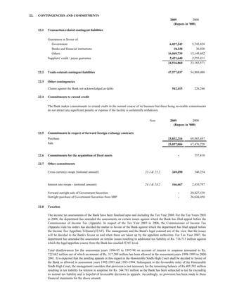 22.   CONTINGENCIES AND COMMITMENTS
                                                                                                              2009            2008
                                                                                                                (Rupees in '000)
      22.1   Transaction-related contingent liabilities

             Guarantees in favour of:
               Government                                                                                    6,027,243         5,743,838
               Banks and financial institutions                                                                 18,238            36,030
               Others                                                                                       16,049,739        15,148,692
             Suppliers' credit / payee guarantee                                                             2,421,640         2,255,011
                                                                                                            24,516,860        23,183,571

      22.2   Trade-related contingent liabilities                                                           47,577,037        54,869,480

      22.3   Other contingencies

             Claims against the Bank not acknowledged as debts                                                  542,415          226,246

      22.4   Commitments to extend credit

             The Bank makes commitments to extend credit in the normal course of its business but these being revocable commitments
             do not attract any significant penalty or expense if the facility is unilaterally withdrawn.


                                                                                              Note            2009            2008
                                                                                                                (Rupees in '000)

      22.5   Commitments in respect of forward foreign exchange contracts
             Purchase                                                                                       23,832,214        69,983,697
             Sale                                                                                           23,037,004        67,476,228


      22.6   Commitments for the acquisition of fixed assets                                                         -            557,810

      22.7   Other commitments

             Cross currency swaps (notional amount)                                       23.1 & 23.2           249,690           346,254


             Interest rate swaps - (notional amount)                                      24.1 & 24.2           166,667         2,410,797

             Forward outright sale of Government Securities                                                          -        20,827,530
             Outright purchase of Government Securities from SBP                                                     -        26,644,450


      22.8   Taxation

             The income tax assessments of the Bank have been finalised upto and including the Tax Year 2009. For the Tax Years 2003
             to 2008, the department has amended the assessments on certain issues against which the Bank has filed appeal before the
             Commissioner of Income Tax (Appeals). In respect of the Tax Year 2003 to 2006, the Commissioner of Income Tax
             (Appeals) vide his orders has decided the matter in favour of the Bank against which the department has filed appeal before
             the Income Tax Appellate Tribunal (ITAT). The management and the Bank's legal counsel are of the view that the issues
             will be decided in the Bank's favour as and when these are taken up by the appellate authorities. For Tax Year 2007, the
             department has amended the assessment on similar issues resulting in additional tax liability of Rs. 716.713 million against
             which the legal/appellate course from the Bank has reached ITAT level.

             Total disallowances for the assessment years 1994-95 to 1997-98 on account of interest in suspense amounted to Rs.
             722.682 million out of which an amount of Rs. 317.289 million has been allowed in the assessment years 1998-1999 to 2000-
             2001. It is expected that the pending appeals in this regard in the Honourable Sindh High Court shall be decided in favour of
             the Bank as allowed in assessment years 1992-1993 and 1993-1994. Subsequent to the favourable order of the Honourable
             Sindh High Court, the management considers that provision is not necessary for the remaining balance of Rs.405.393 million
             resulting in tax liability for interest in suspense for Rs. 244.781 million as the Bank has been subjected to tax far exceeding
             its normal tax liability and is hopeful of favourable decisions in appeals. Accordingly, no provision has been made in these
             financial statements for the above amount.
 